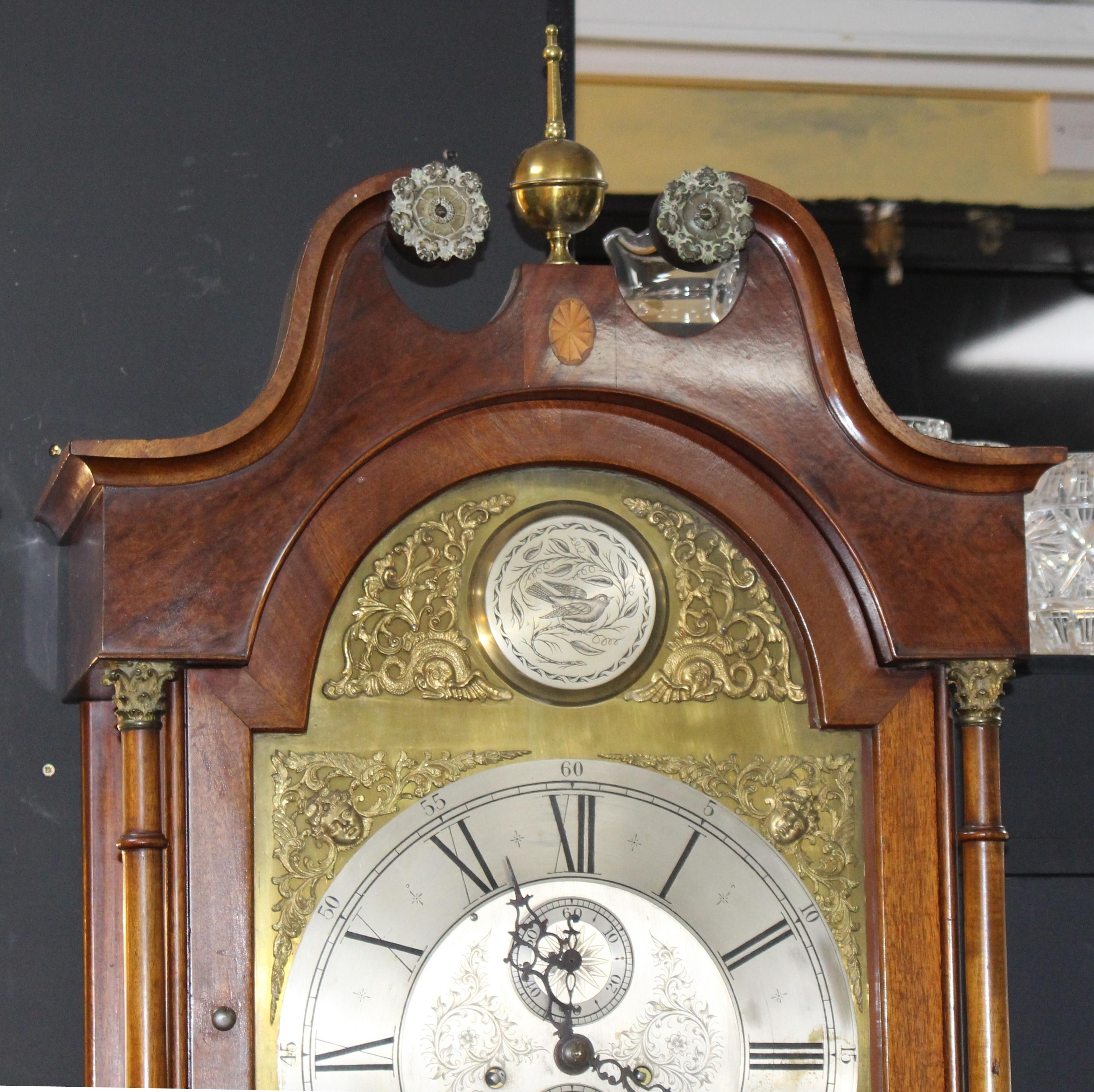 British Early 19th Century Scottish Mahogany Longcase Clock with Arched Brass Dial For Sale
