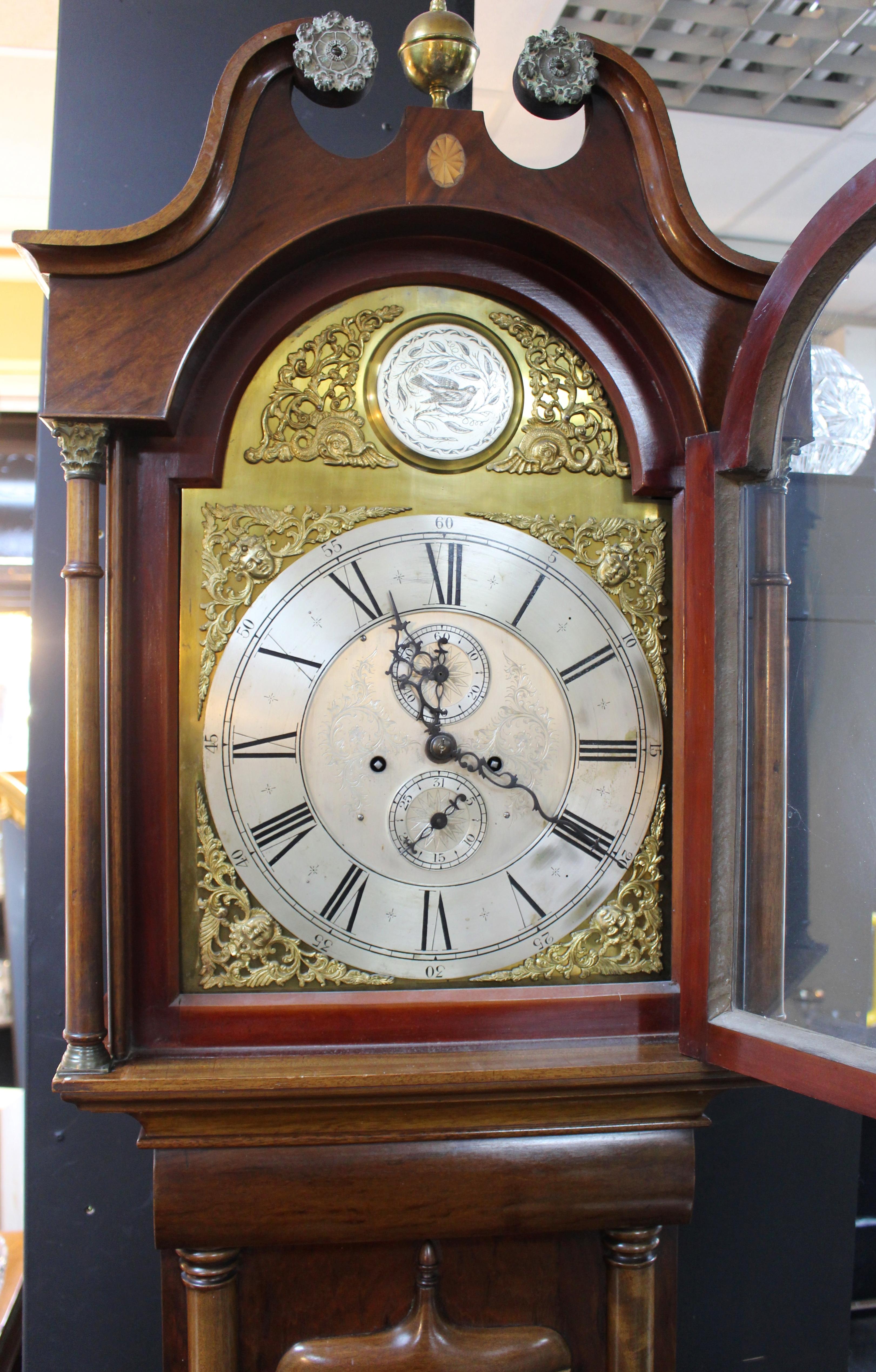 Early 19th Century Scottish Mahogany Longcase Clock with Arched Brass Dial For Sale 1