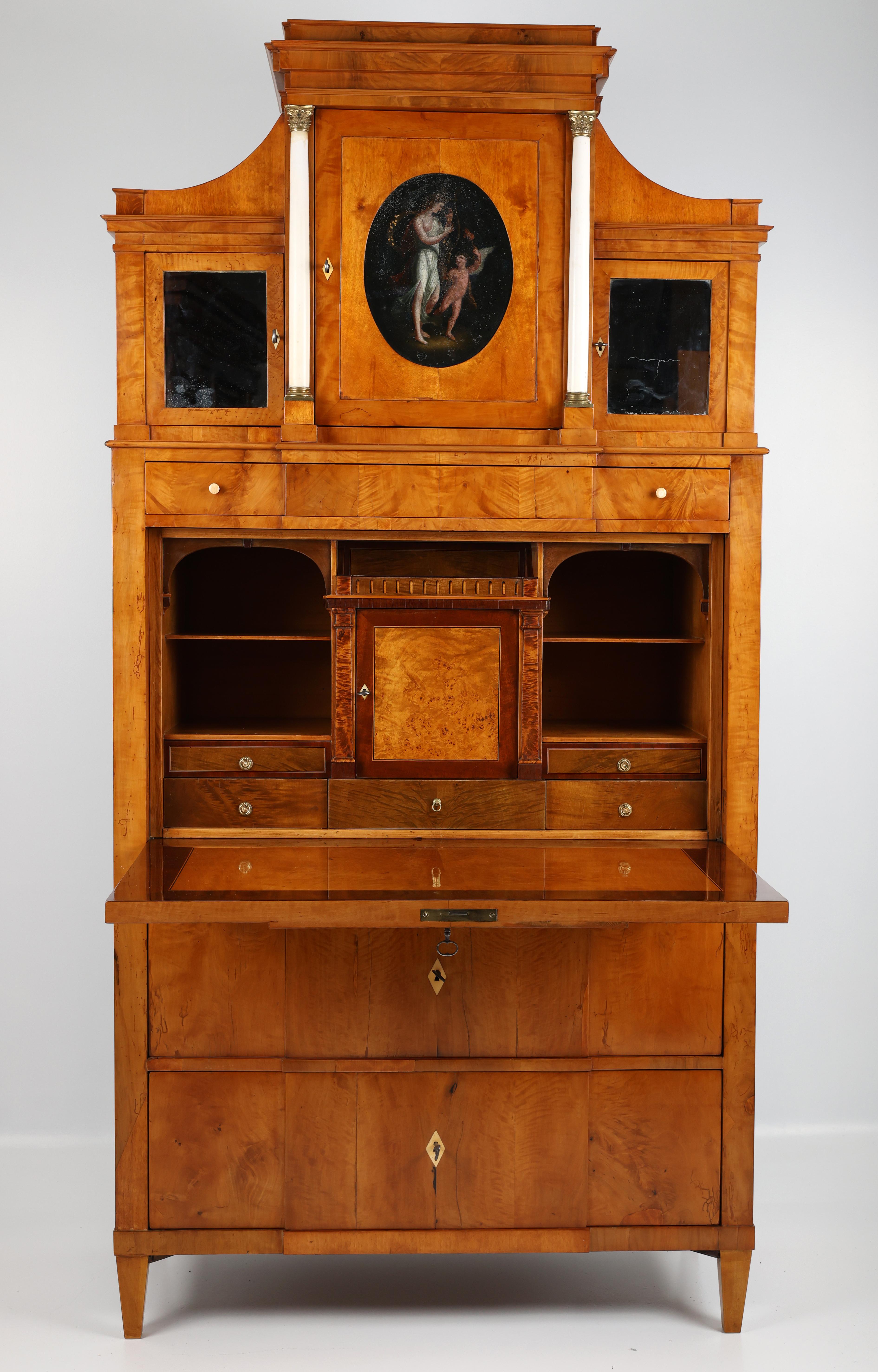 Secretary Desk, circa 1820, Braunschweig

An exceptional secretary desk from around 1820, crafted in Braunschweig. This elegant piece is made of birch and birch burl, veneered with fine pearwood.

The lower section features two large drawers and a