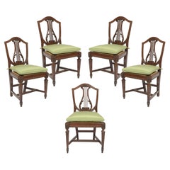 Antique Early 19th Century Set of 5 Italian Walnut Lyre-Back Chairs