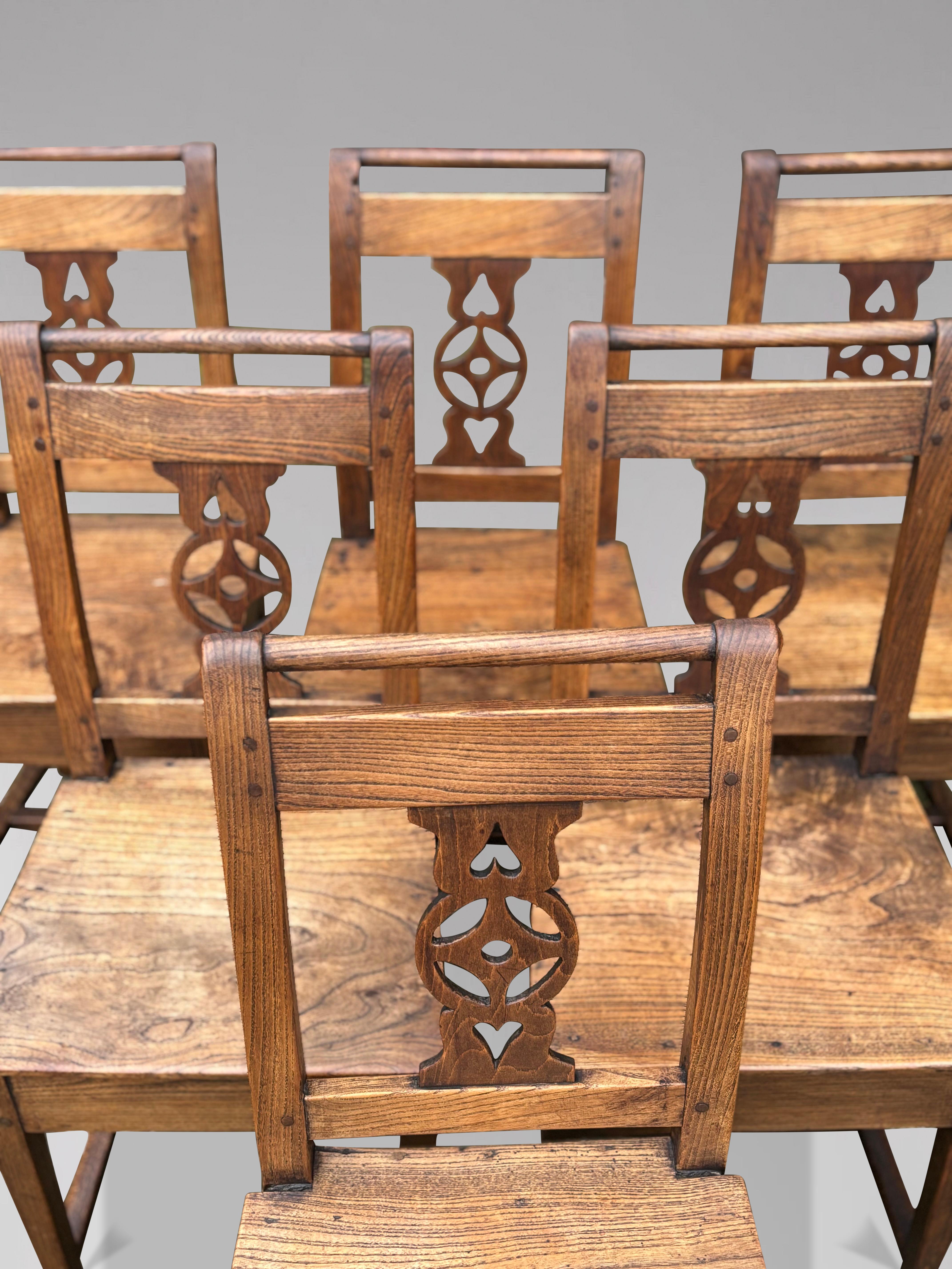 Early 19th Century Set of 6 Yew Wood Farmhouse Kitchen Dining Chairs 2
