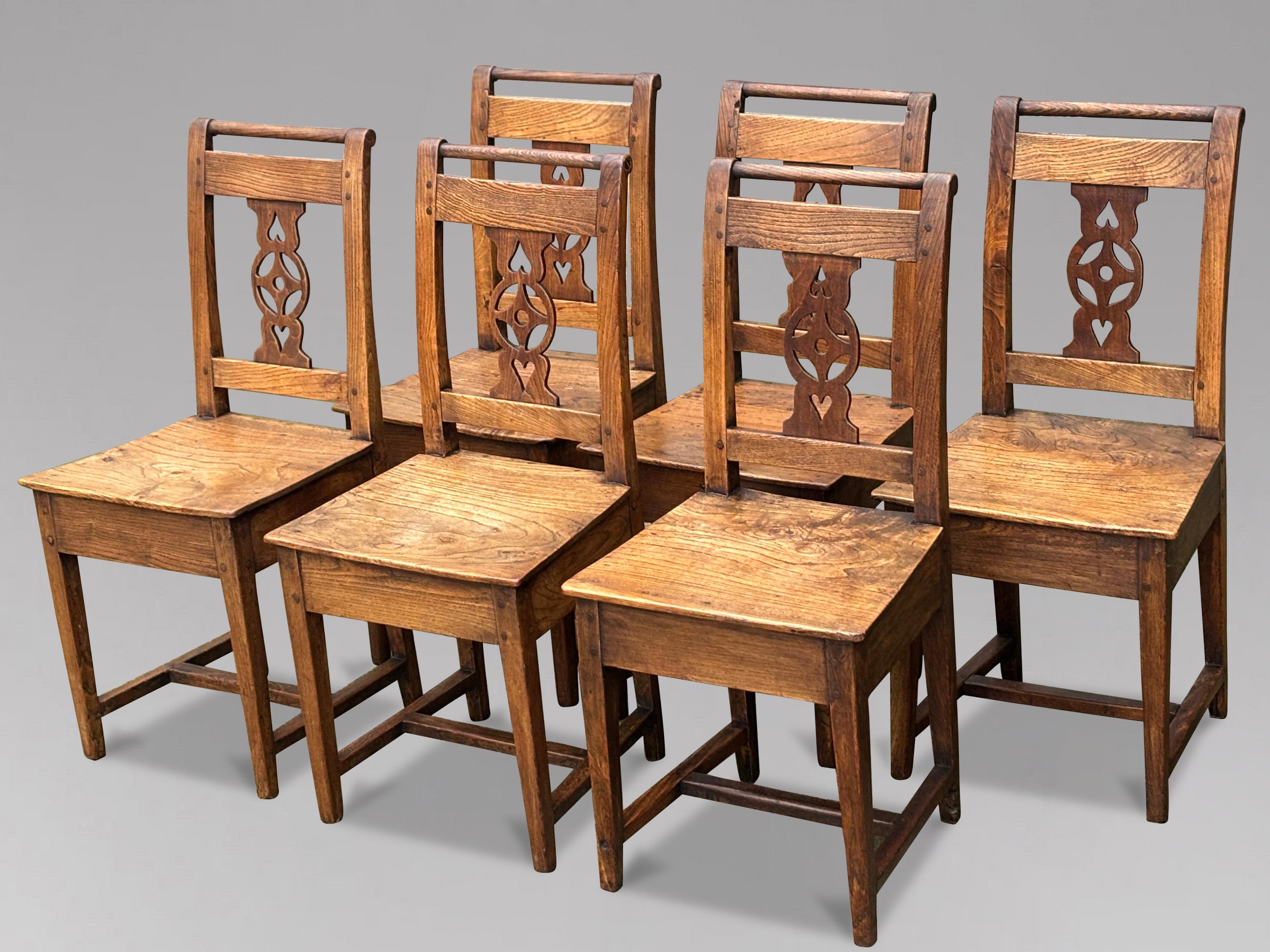 Early 19th Century Set of 6 Yew Wood Farmhouse Kitchen Dining Chairs 3