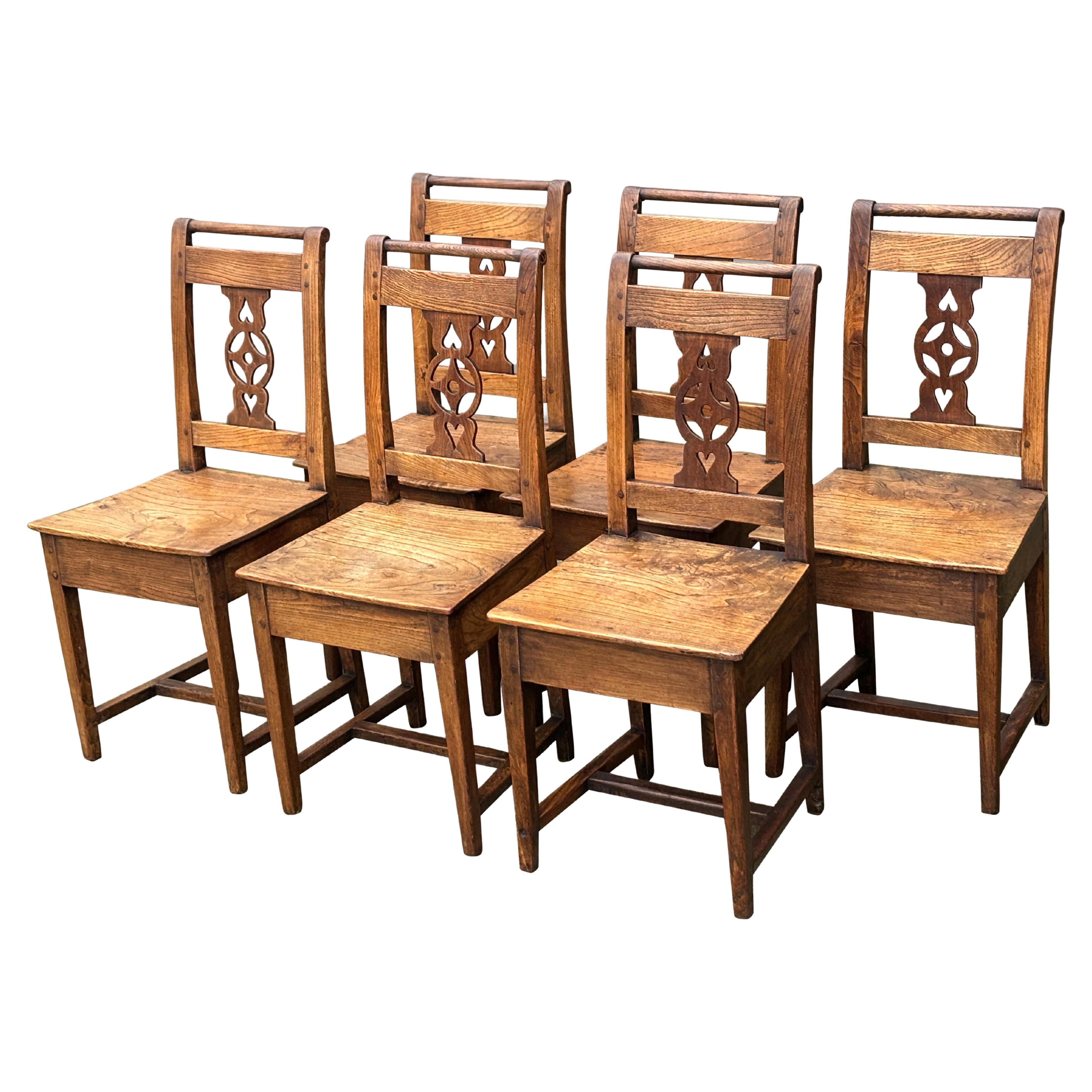 Early 19th Century Set of 6 Yew Wood Farmhouse Kitchen Dining Chairs