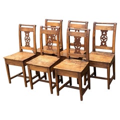 Antique Early 19th Century Set of 6 Yew Wood Farmhouse Kitchen Dining Chairs