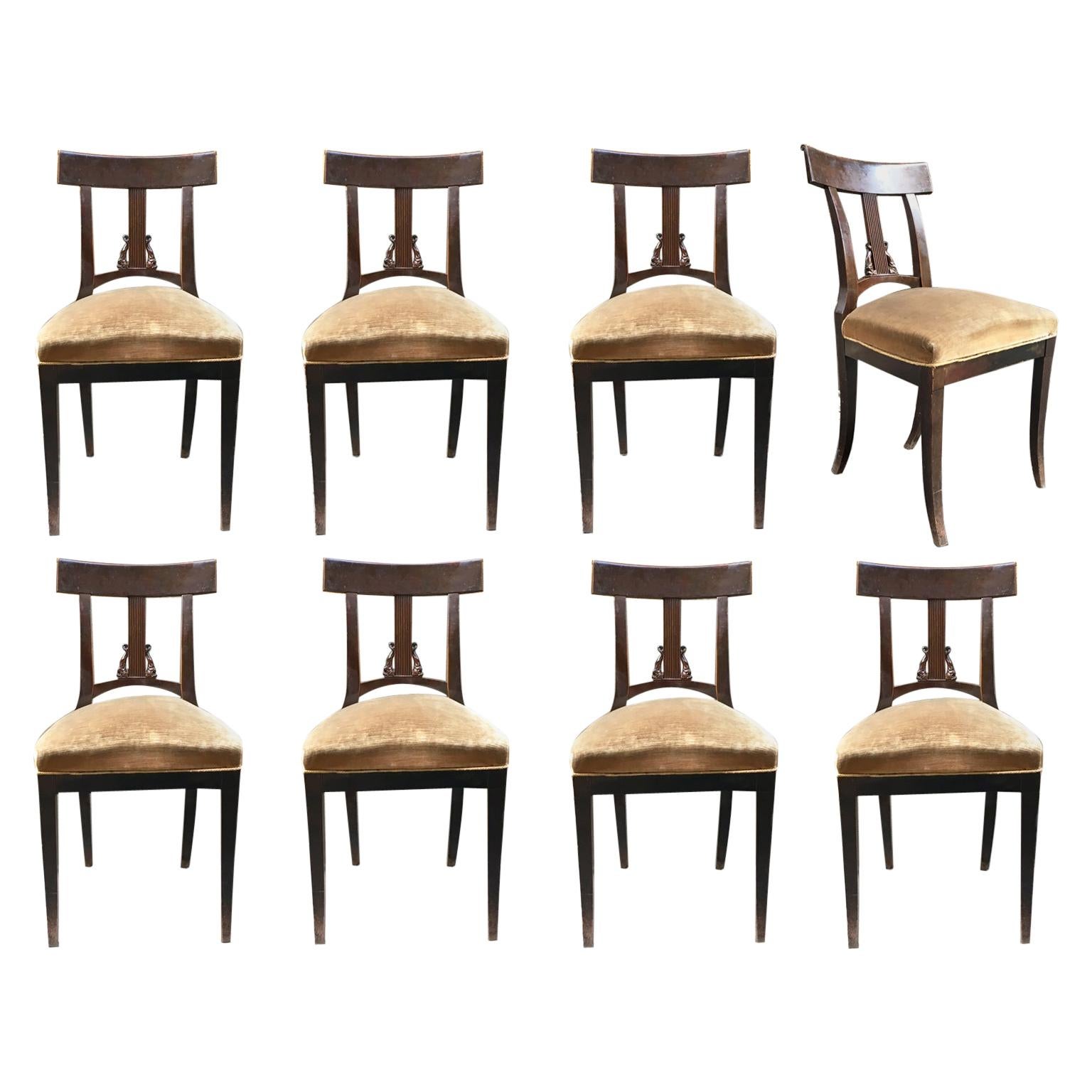 Early 19th Century Set of Eight Italian Empire Chairs in Solid Beecwood