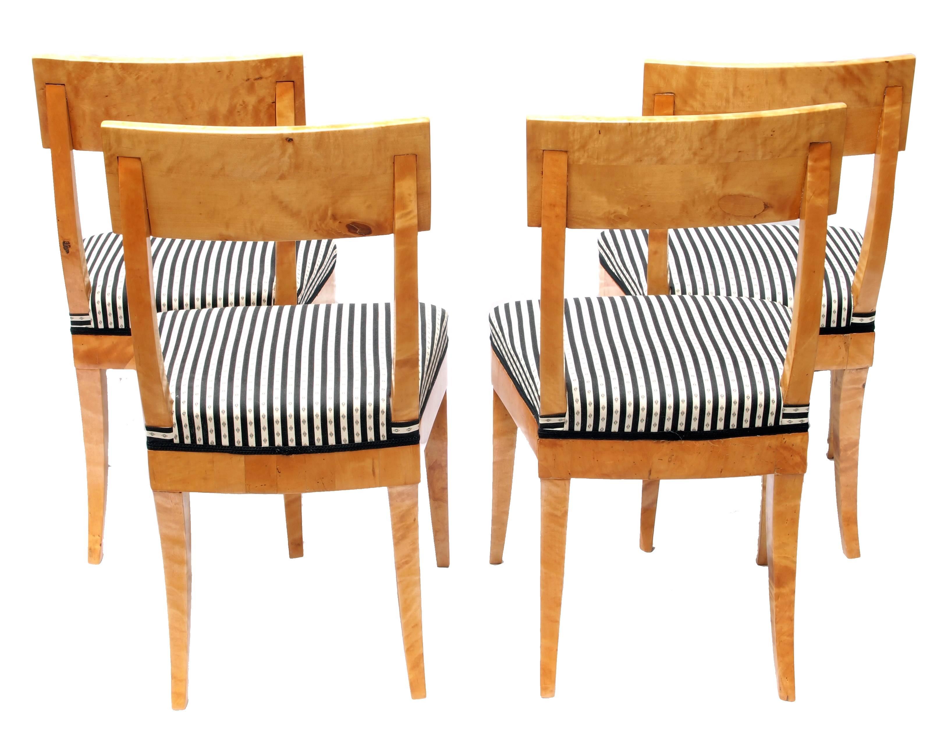Polished Early 19th Century Set of Four Biedermeier Birch Wood Chairs from Germany For Sale