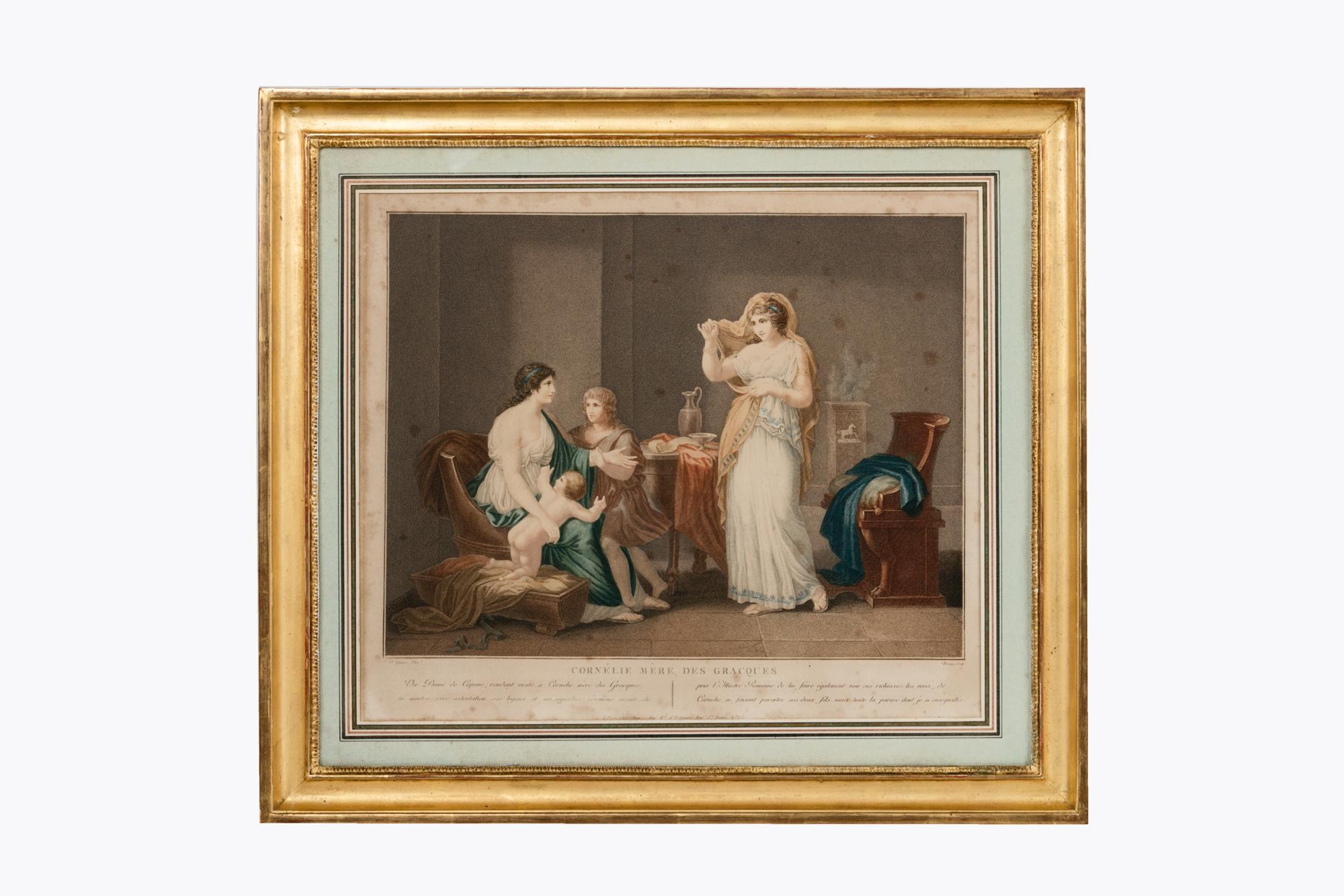 Early 19th Century set of four French colourful mezzotints from the Napoleonic Period depicting Neoclassical figures and scenes such as Cornelia - mother of the Gracchi Brothers, Achilles Recognising Ulysses, Sophocles Before the Magistrate of