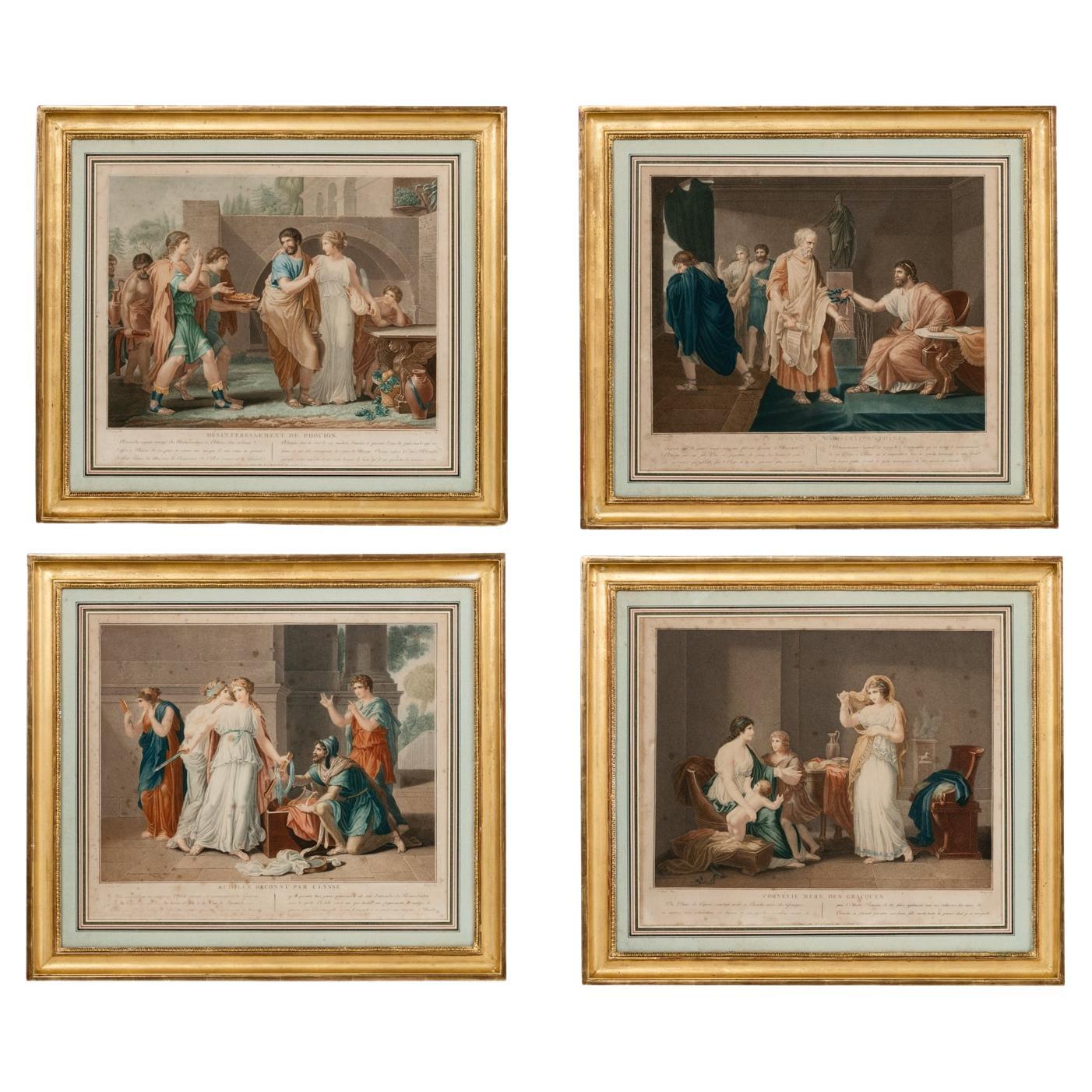 Set di quattro mezzetinte colorate francesi dell'inizio del XIX secolo