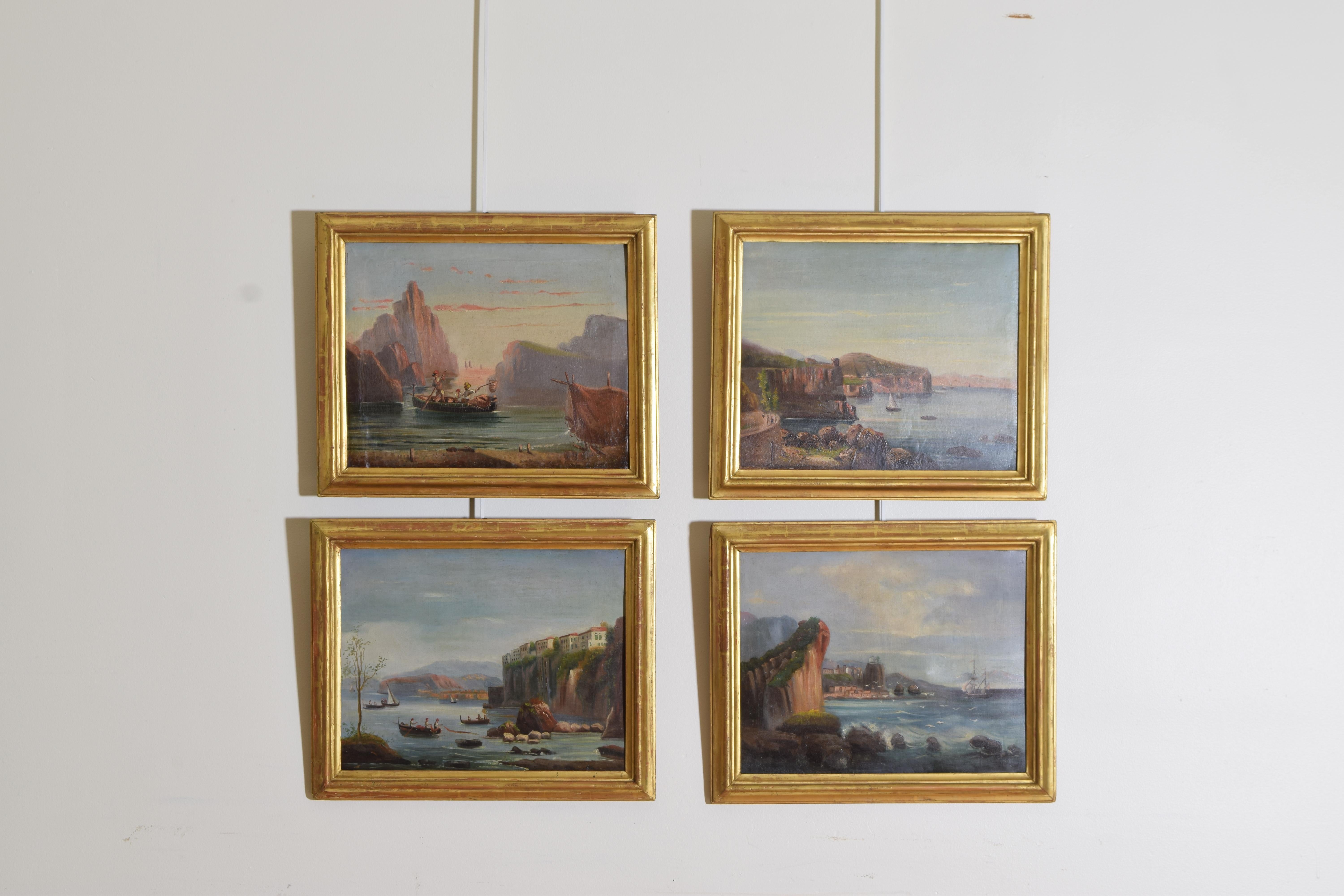 Four oil paintings depicting fishermen, boats, and the mountainous landscape of the Bay of Naples near Palermo, Italy. They are framed in period giltwood frames from the early 1800's.
