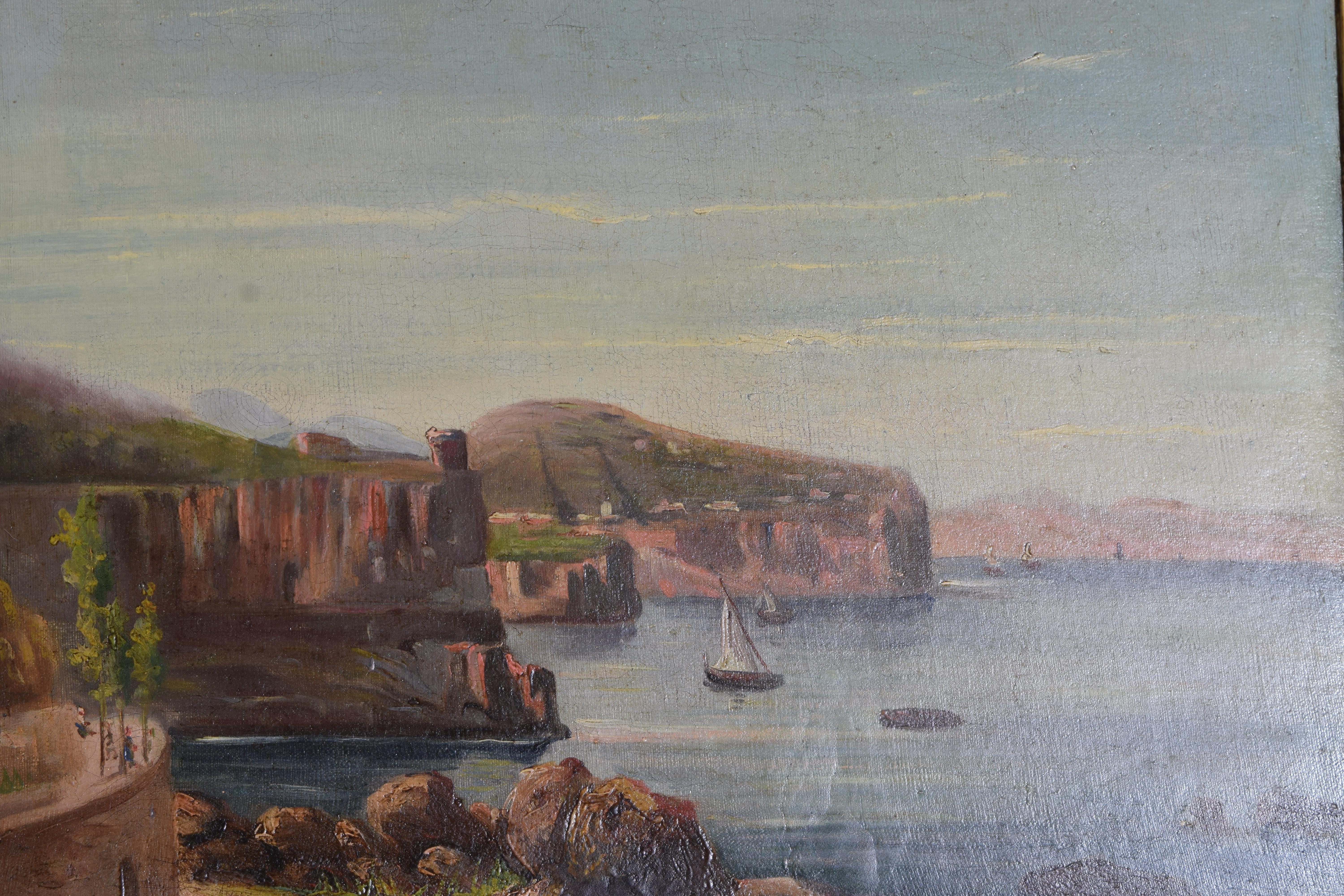 Hand-Carved Early 19th Century Set of Four Italian School Oil Paintings, Bay of Naples