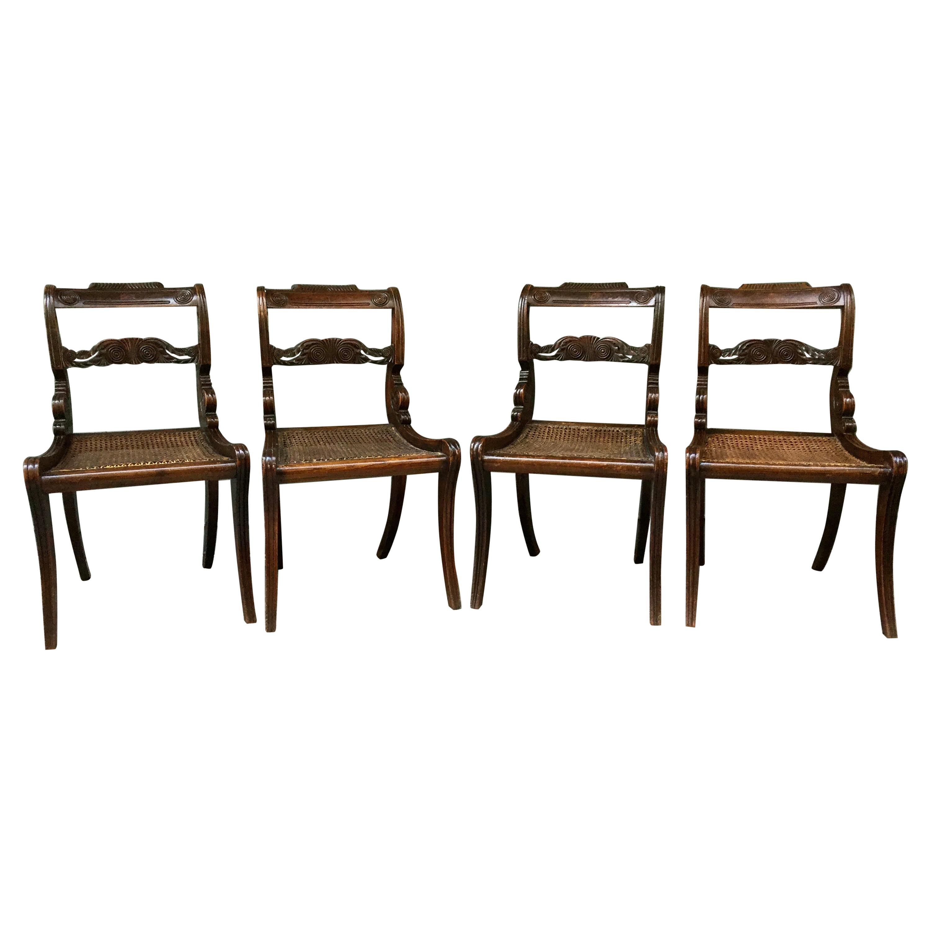 Early 19th Century Set of Four Regency Faux Grained Painted Cane Set Chairs