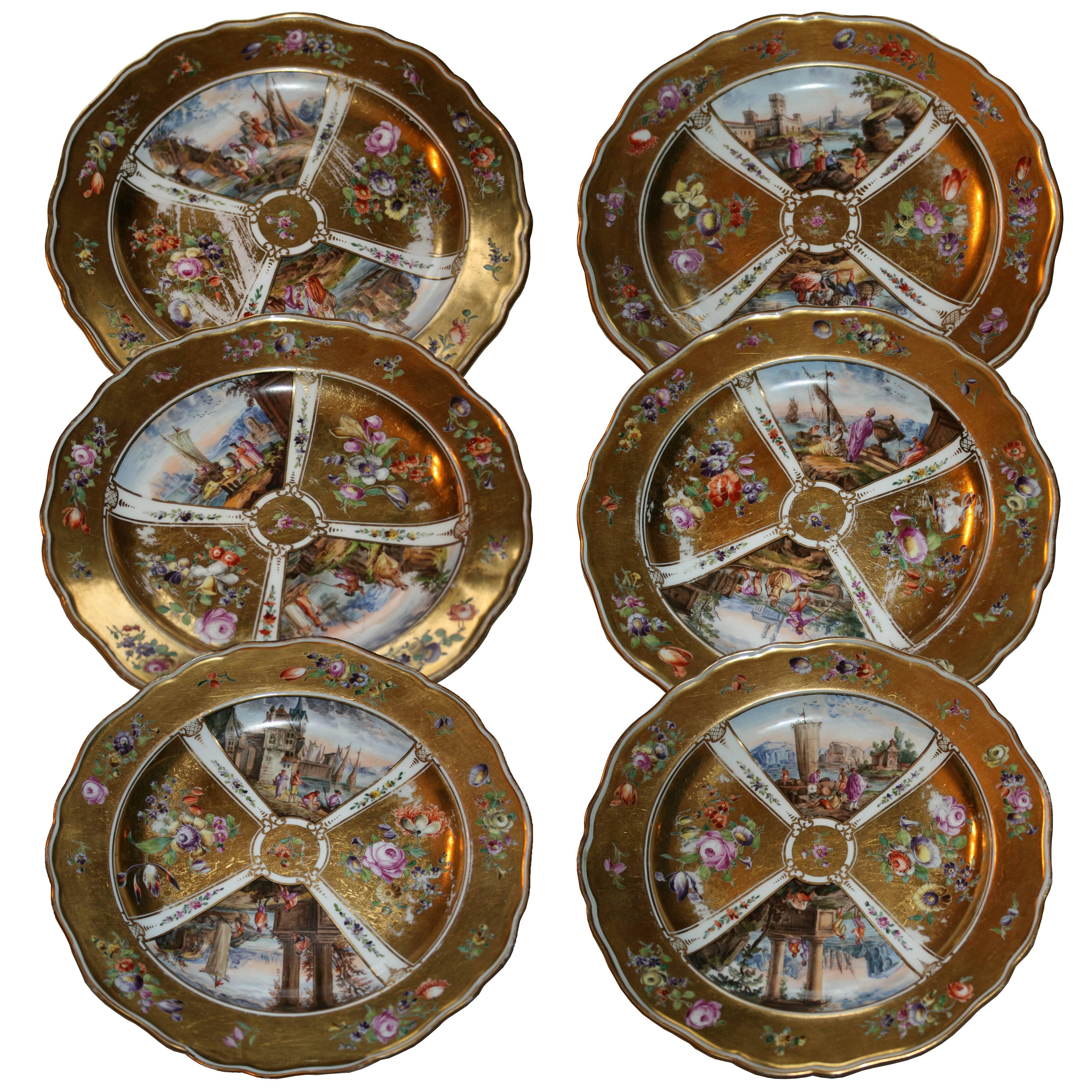 Juego de seis platos de porcelana dorada de Meissen de principios del siglo XIX