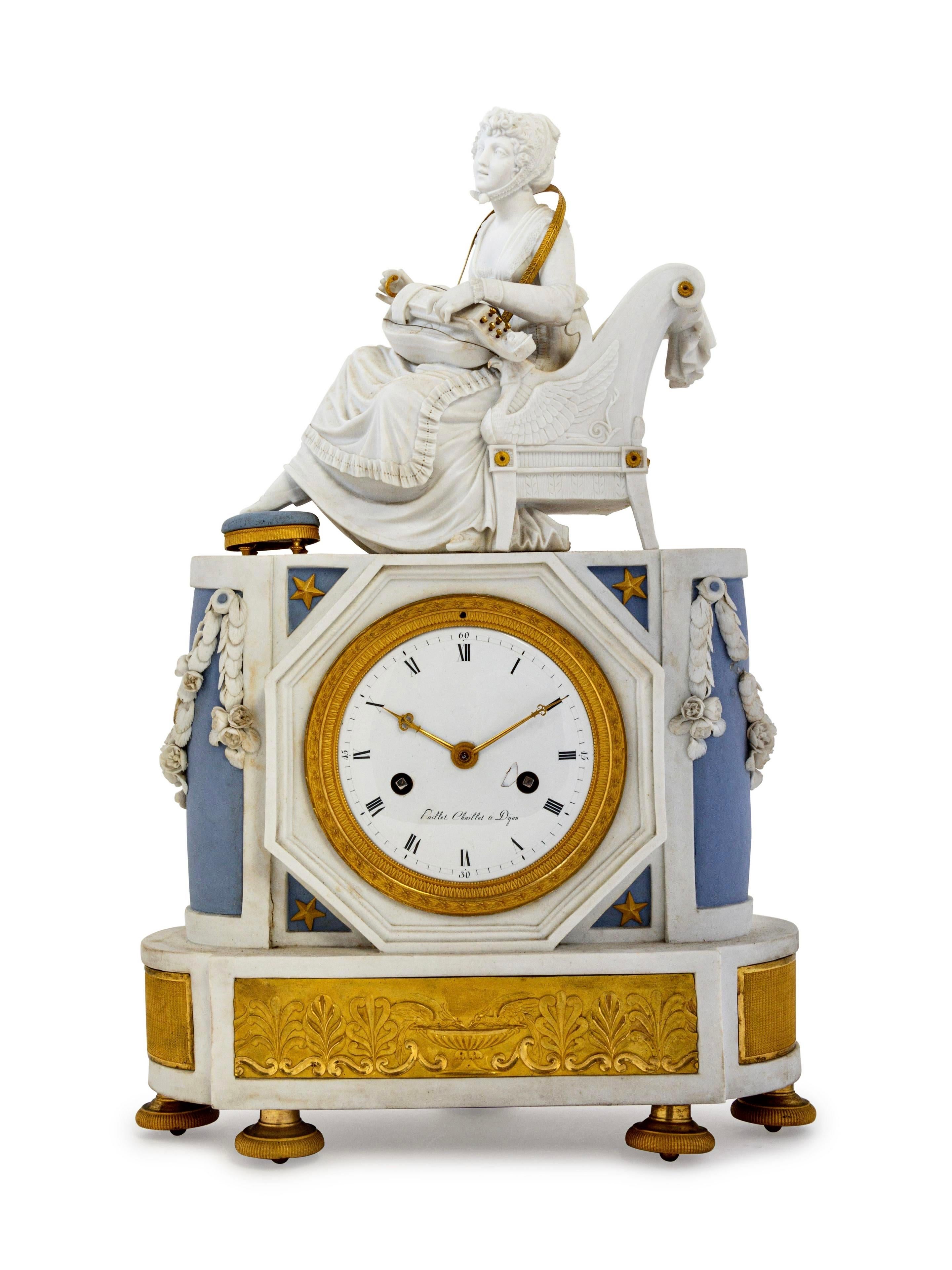 Directoire Early 19th Century Sèvres Neoclassical Ormolu and Bisque Porcelain Clock For Sale