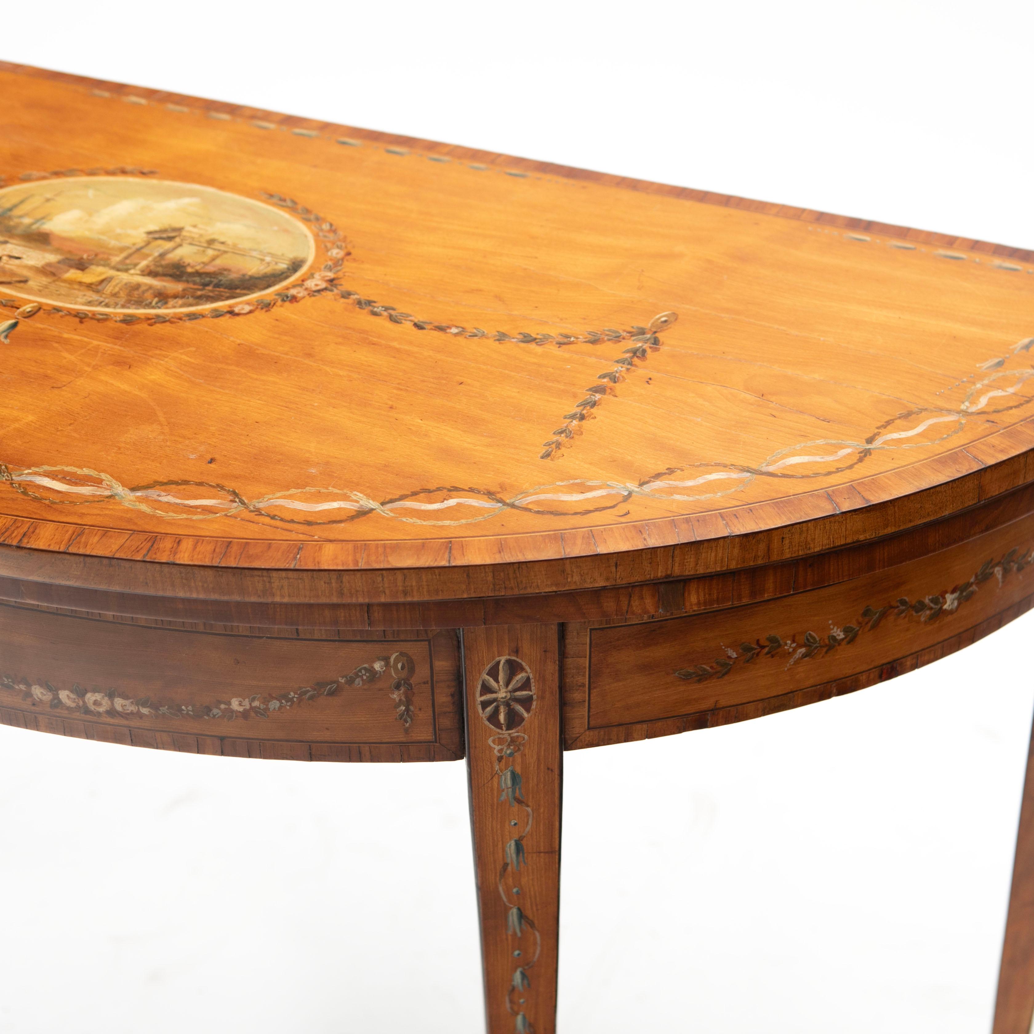Frühes 19. Jahrhundert Sheraton Intarsien und handbemalter Demilune-Kartentisch im Angebot 1