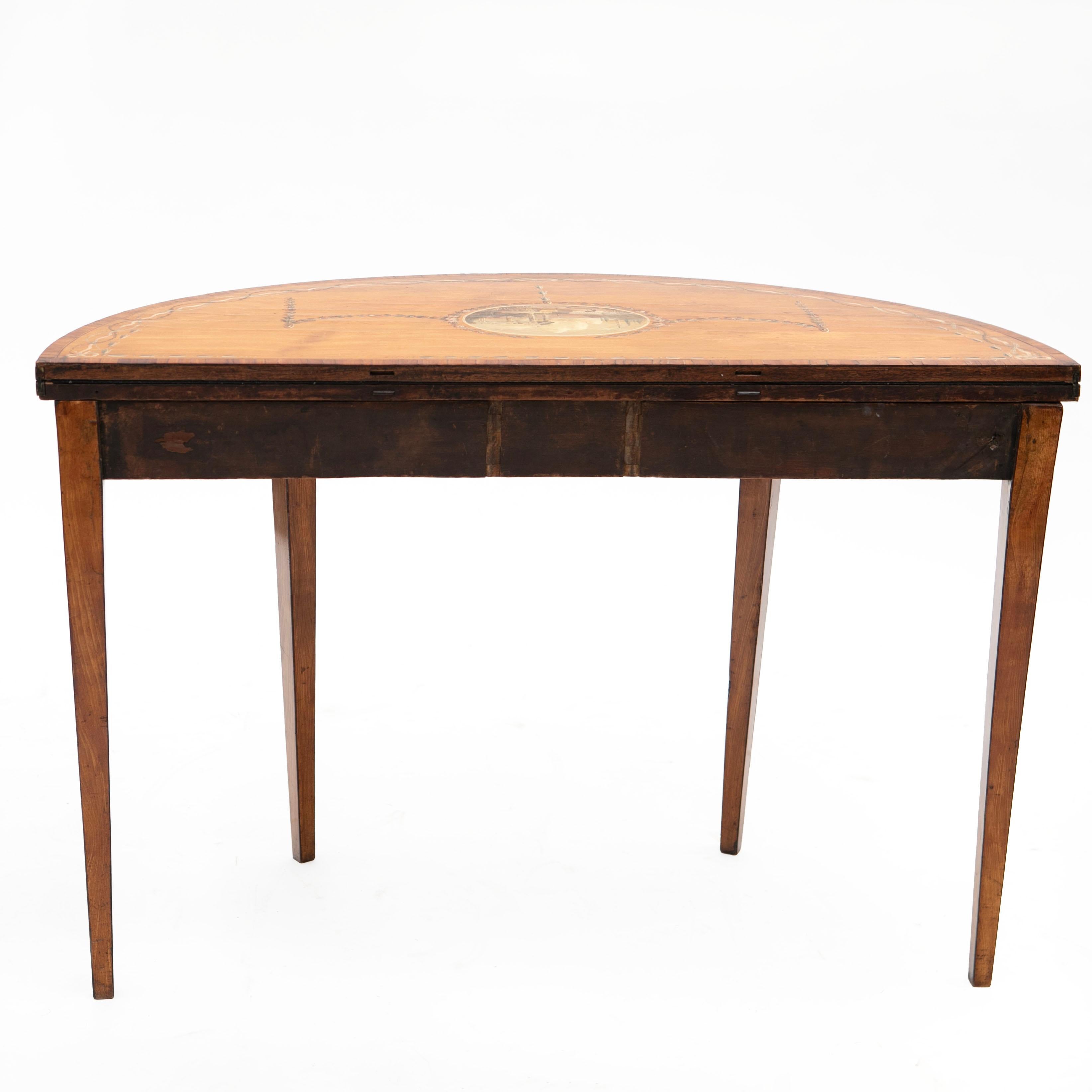 Early 19th Century Sheraton Inlaid & Hand Painted Demilune Card Table For Sale 2
