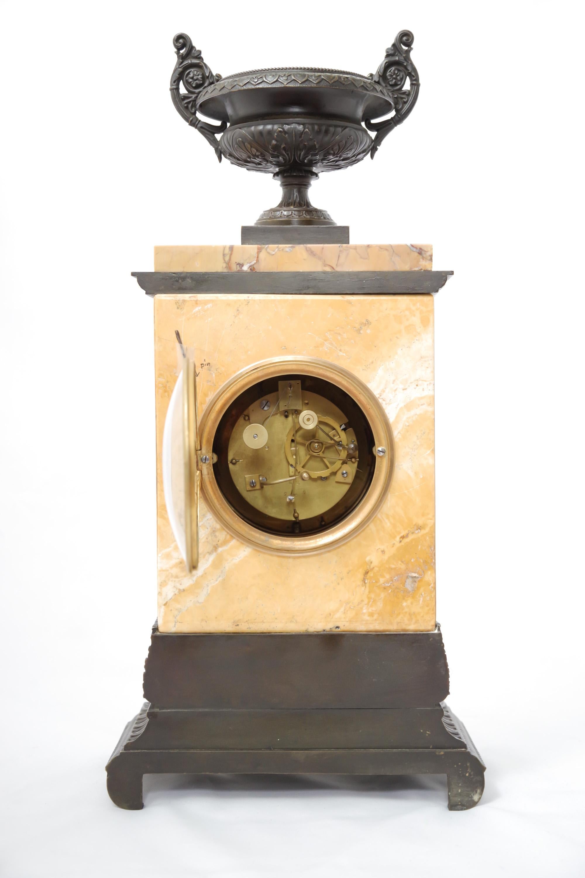 Restauration Early 19th Century Sienna Marble and Patinated-Bronze Portico Clock For Sale