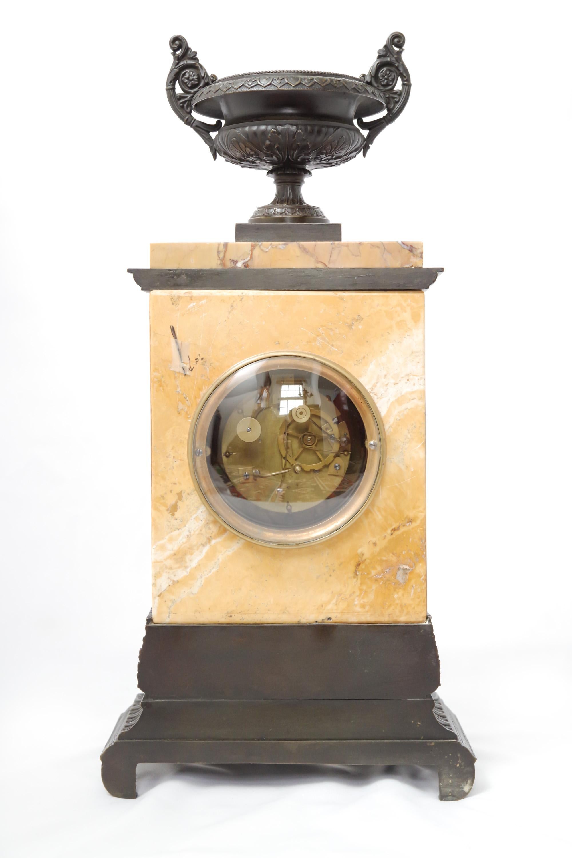 French Early 19th Century Sienna Marble and Patinated-Bronze Portico Clock For Sale