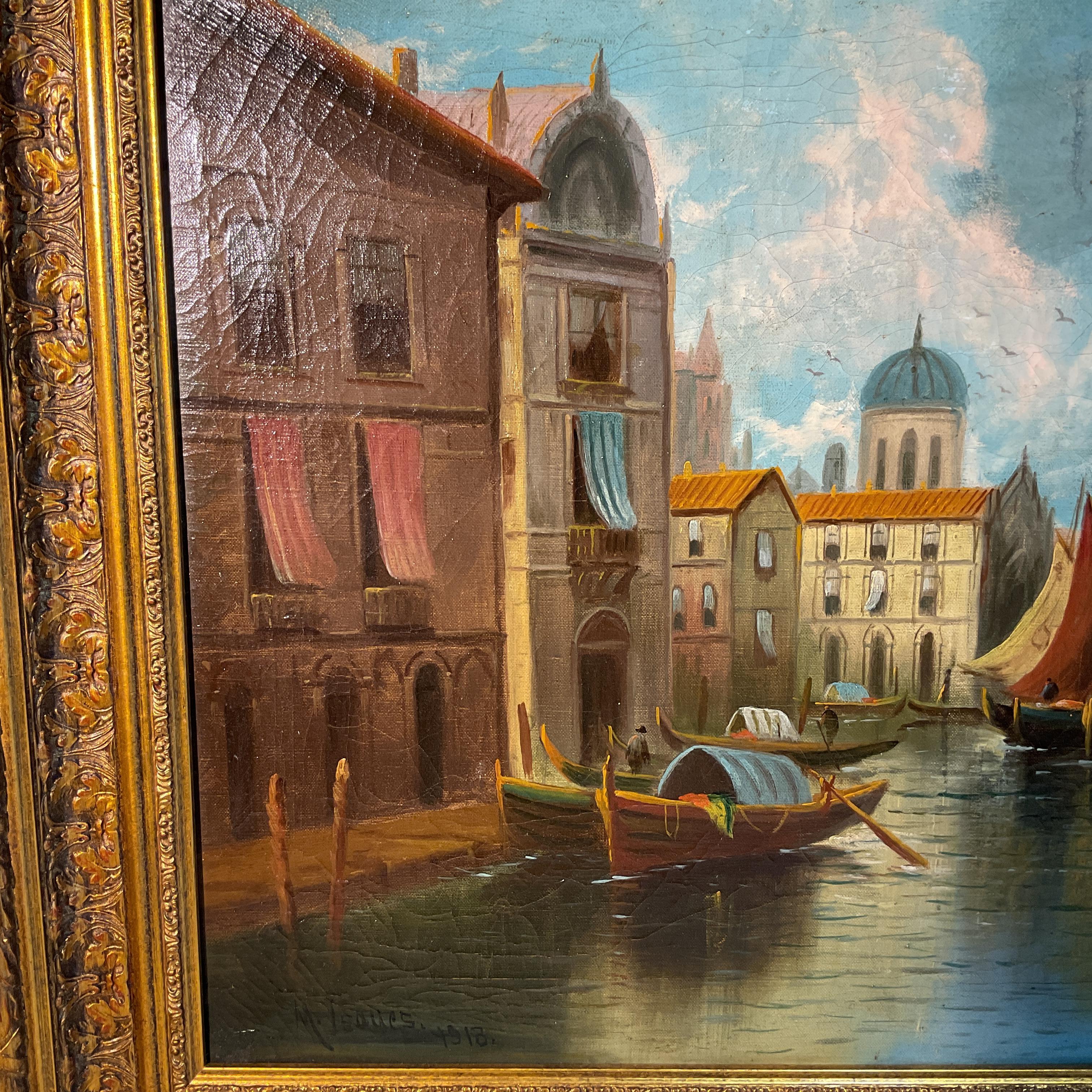 Italian Early 19th Century Signed Oil Painting of Canal in Venice For Sale