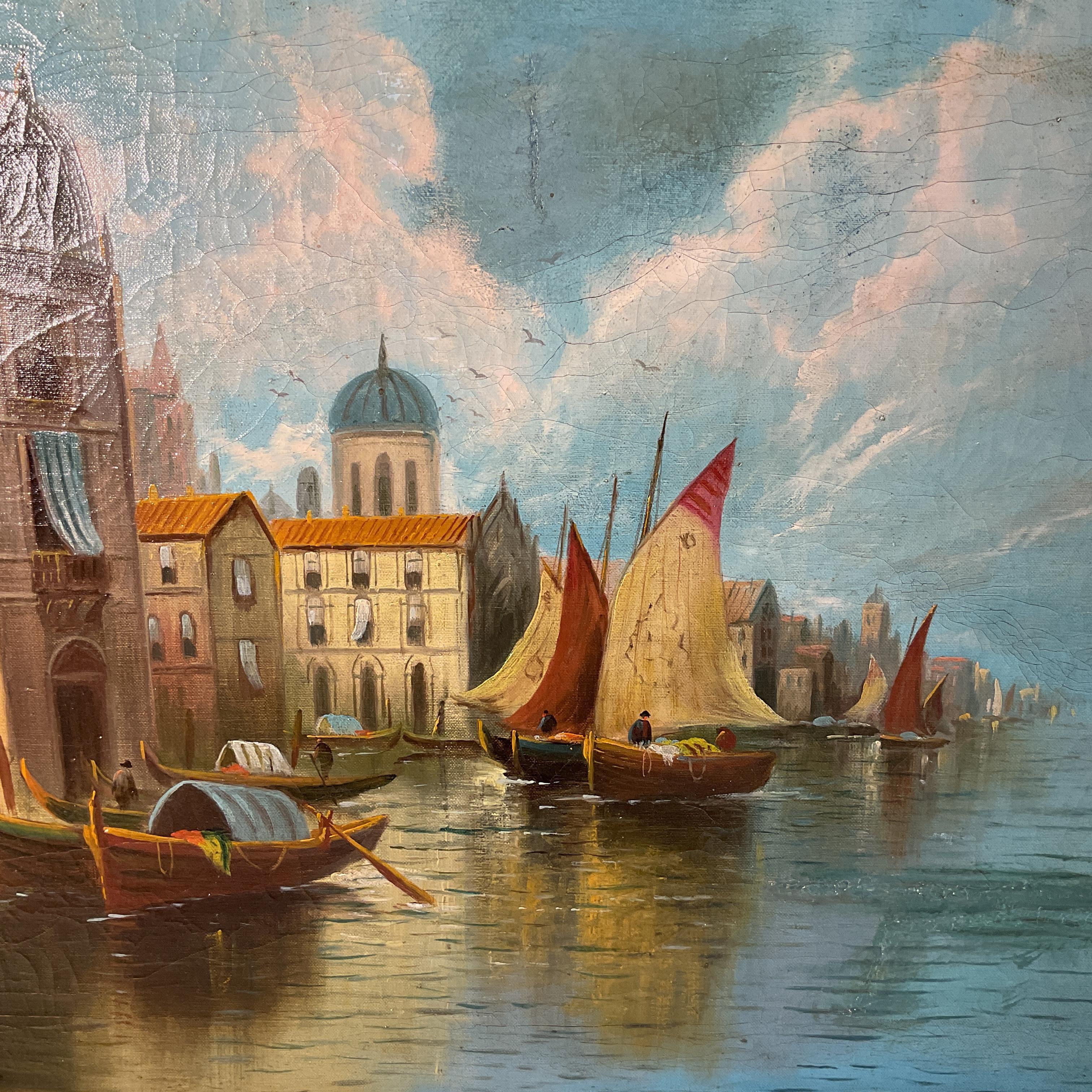 Early 19th Century Signed Oil Painting of Canal in Venice In Good Condition For Sale In Augusta, GA