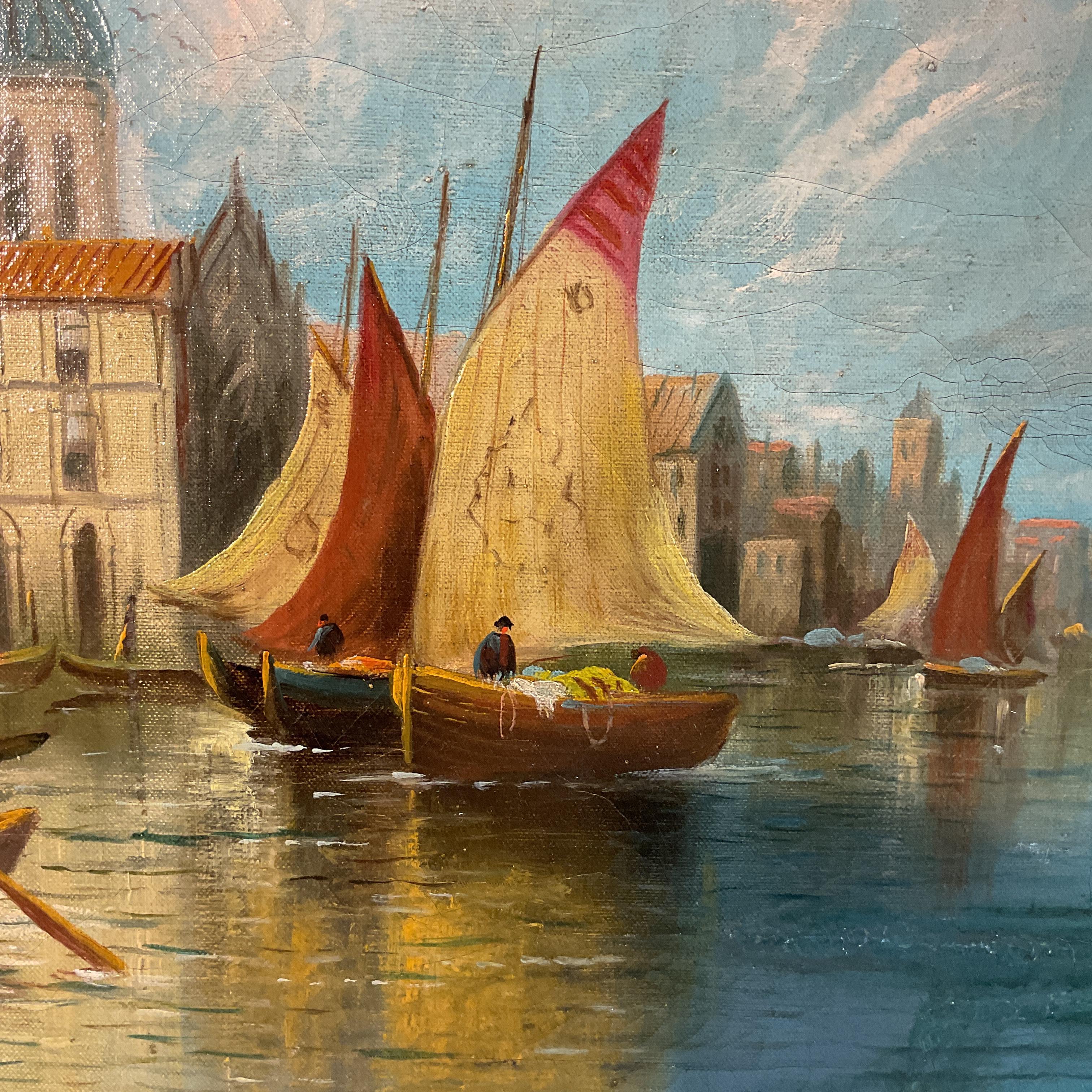 Gold Leaf Early 19th Century Signed Oil Painting of Canal in Venice For Sale