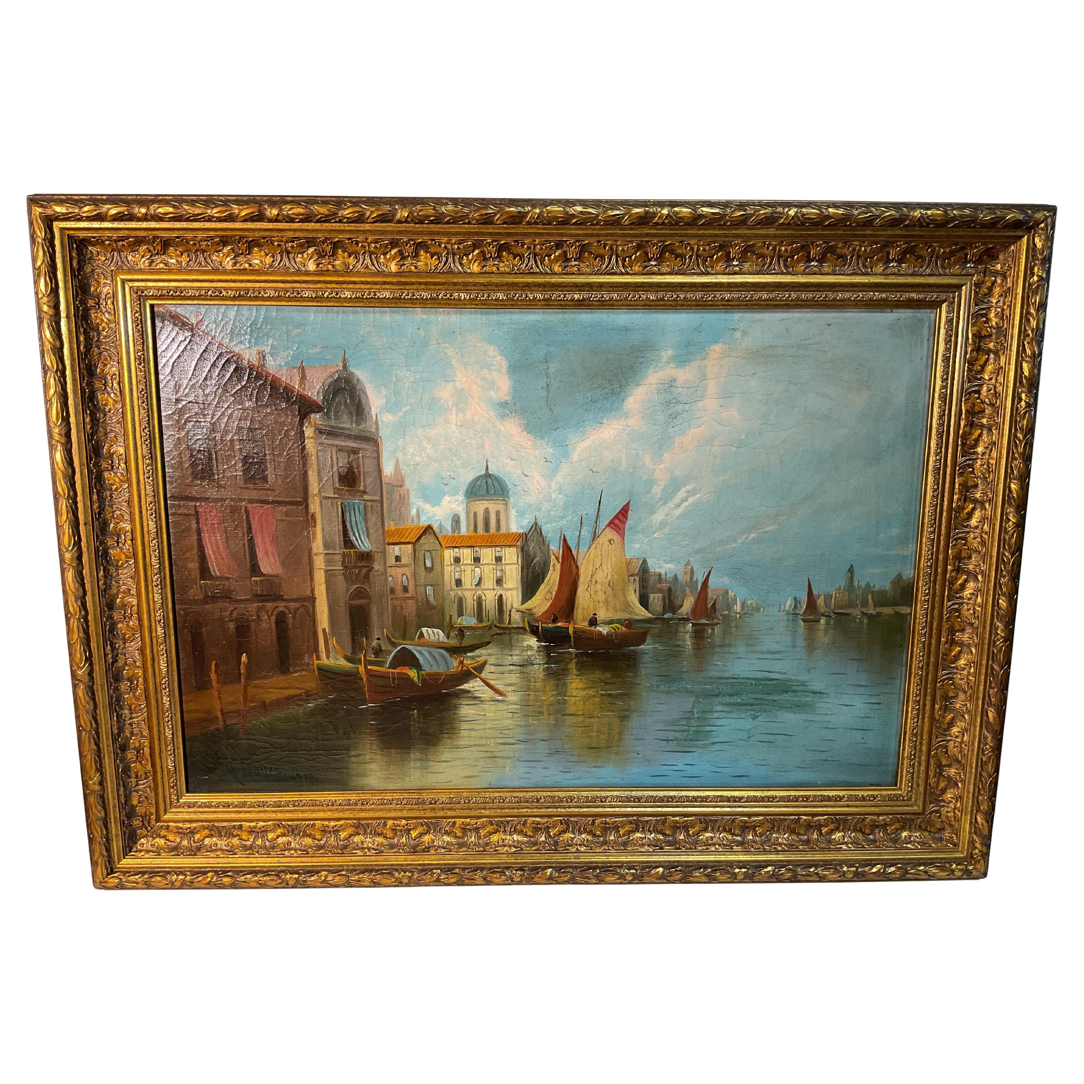 Early 19th Century Signed Oil Painting of Canal in Venice