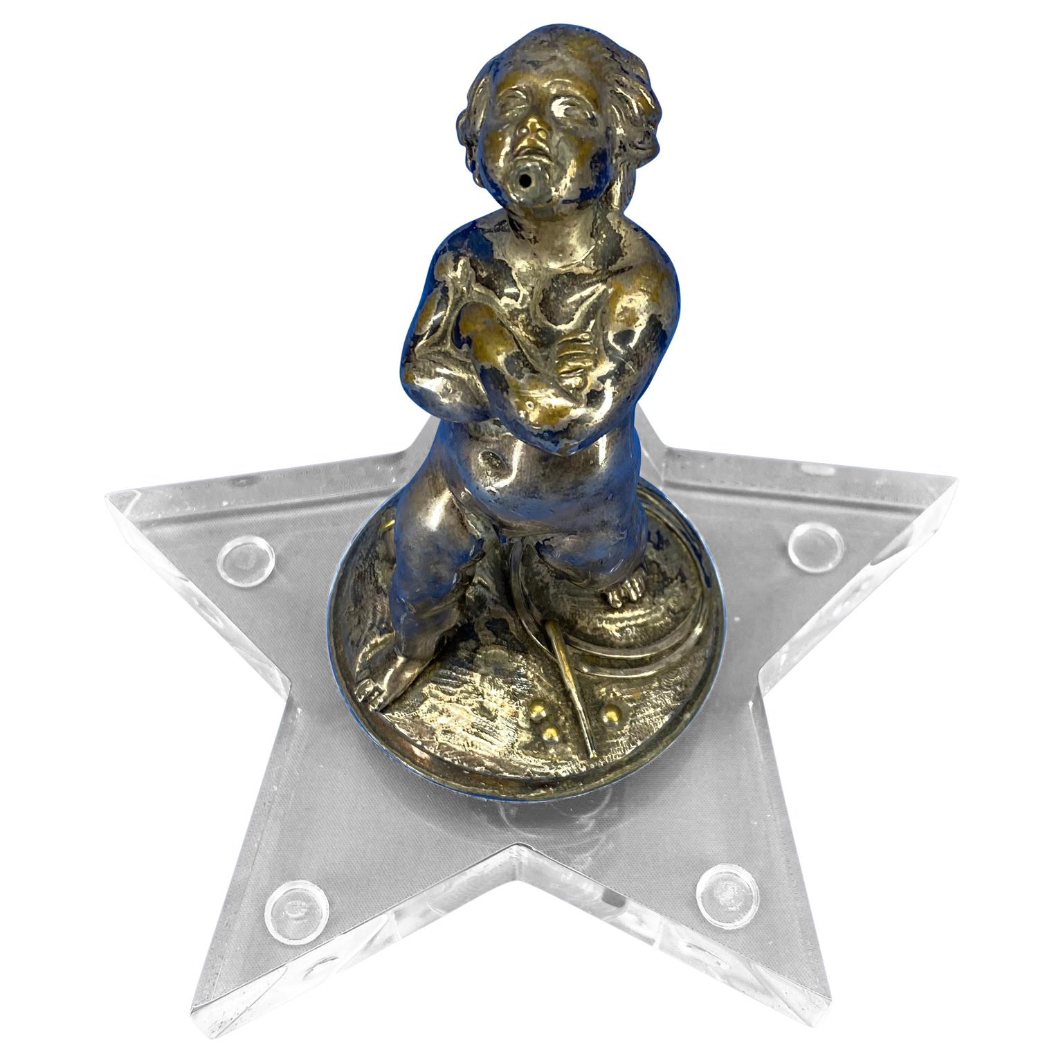 Baroque Early 19th Century Silver-Plated Putti On A Star-Shaped Lucite Base For Sale