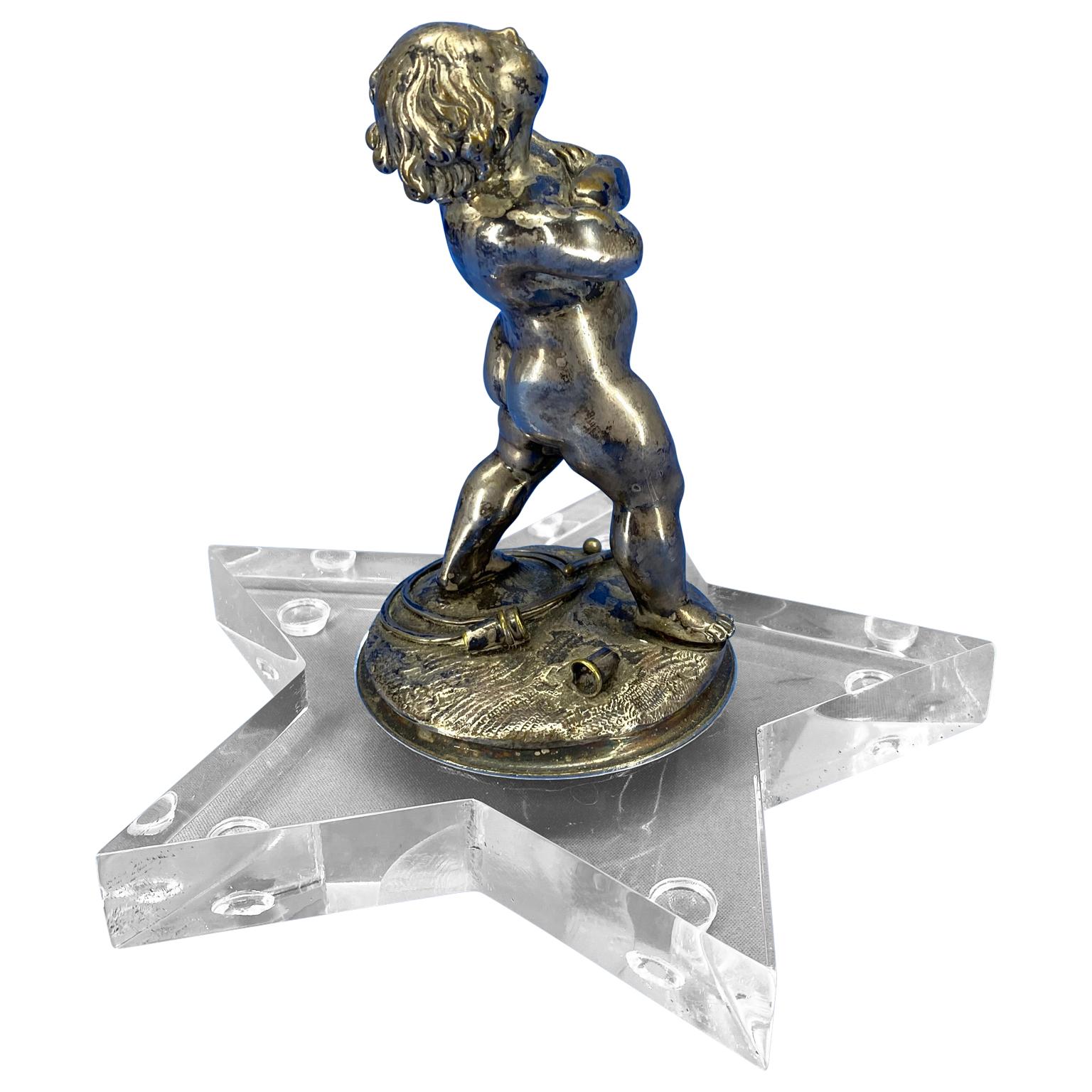 Hand-Crafted Early 19th Century Silver-Plated Putti On A Star-Shaped Lucite Base For Sale