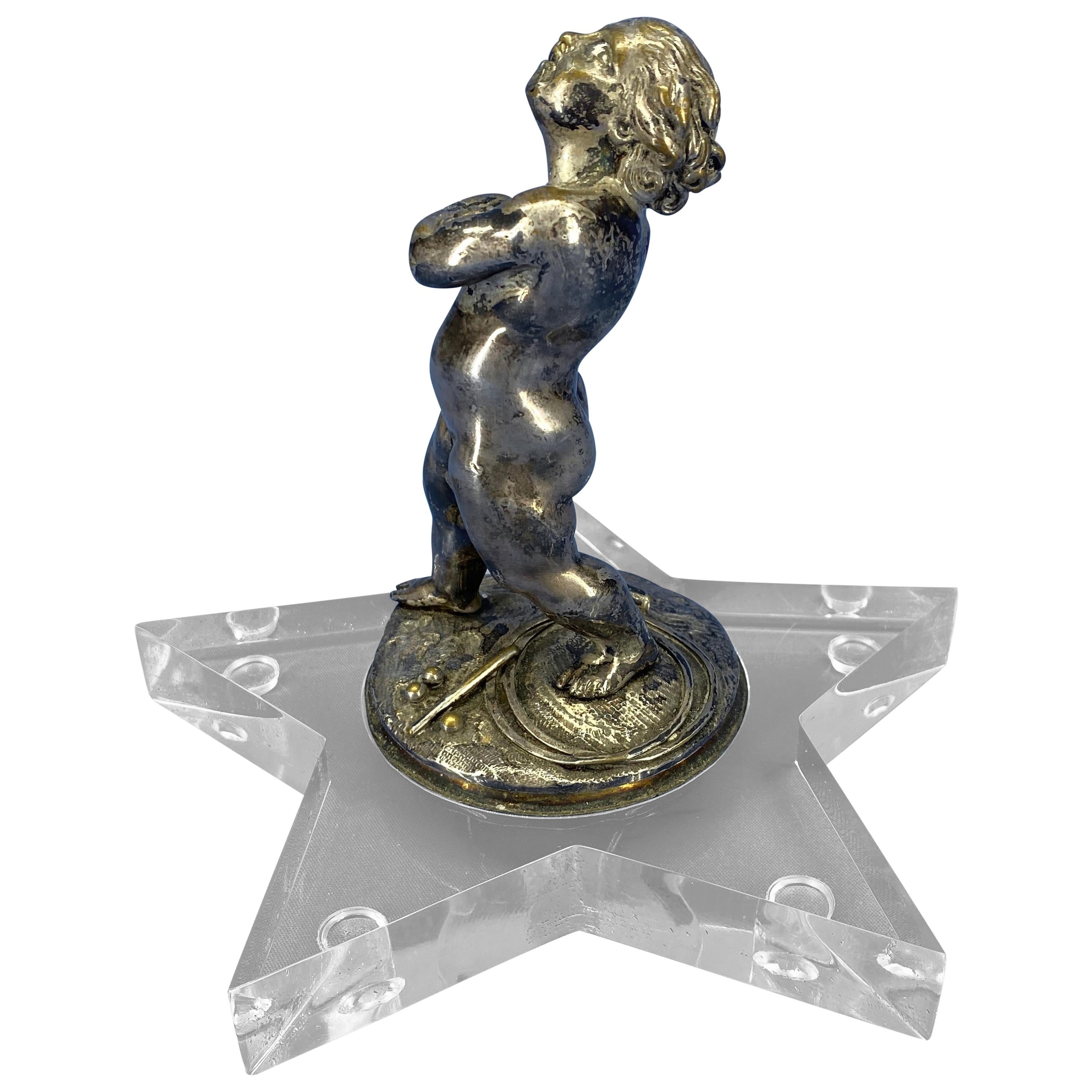 Early 19th Century Silver-Plated Putti On A Star-Shaped Lucite Base For Sale