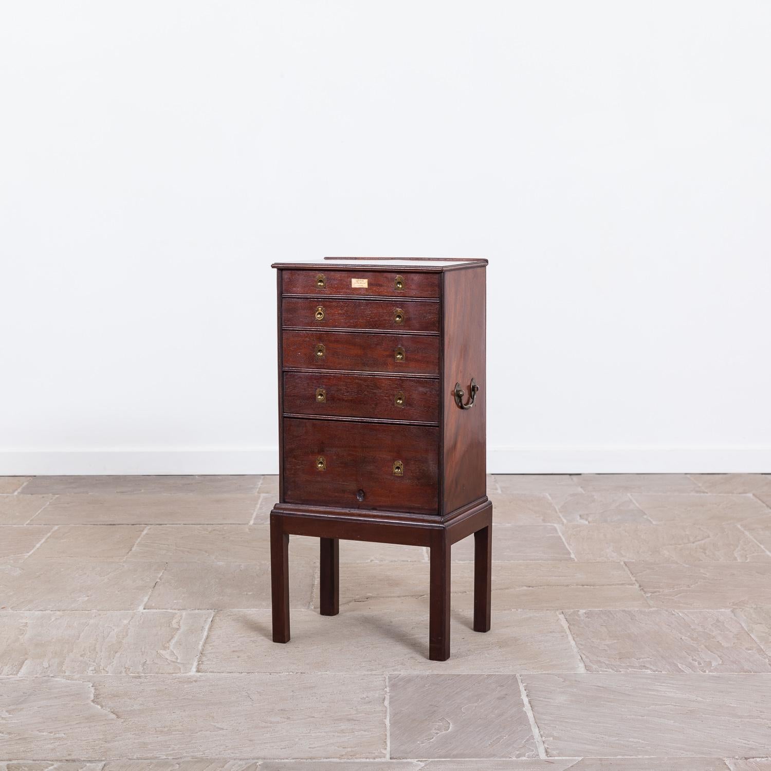 Handsome small mahogany chest on stand.

Label on the top drawer reads; ‘I. Newman, Lisle Street, London.’

Measures: Height 87cm x width 43cm x depth 31cm.


John Frederick Newman (1783–1860) was a mathematical instrument maker, nautical instrument