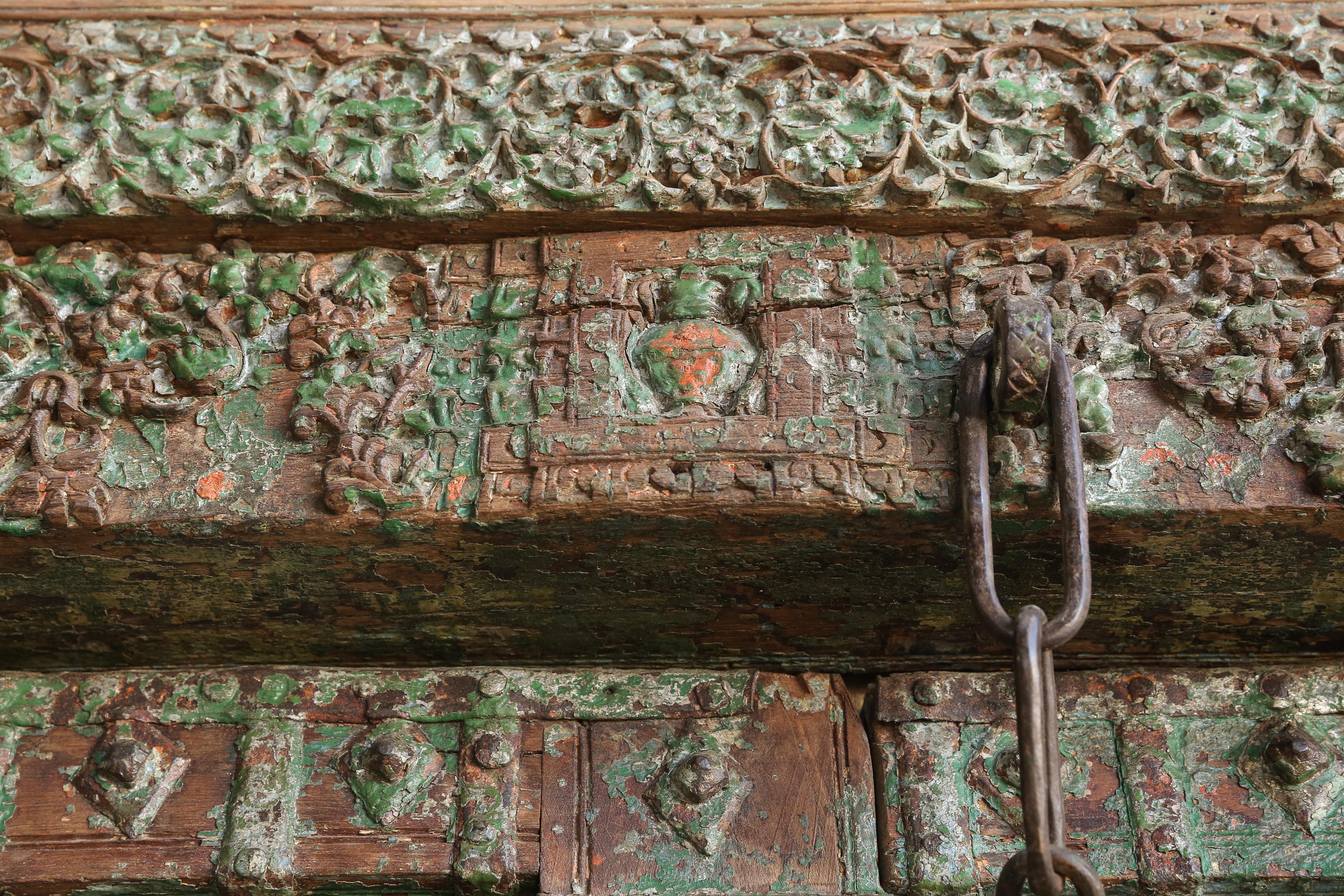 Early 19th Century Solid Teak Wood Highly Carved Entry Doors of a Village Temple For Sale 7