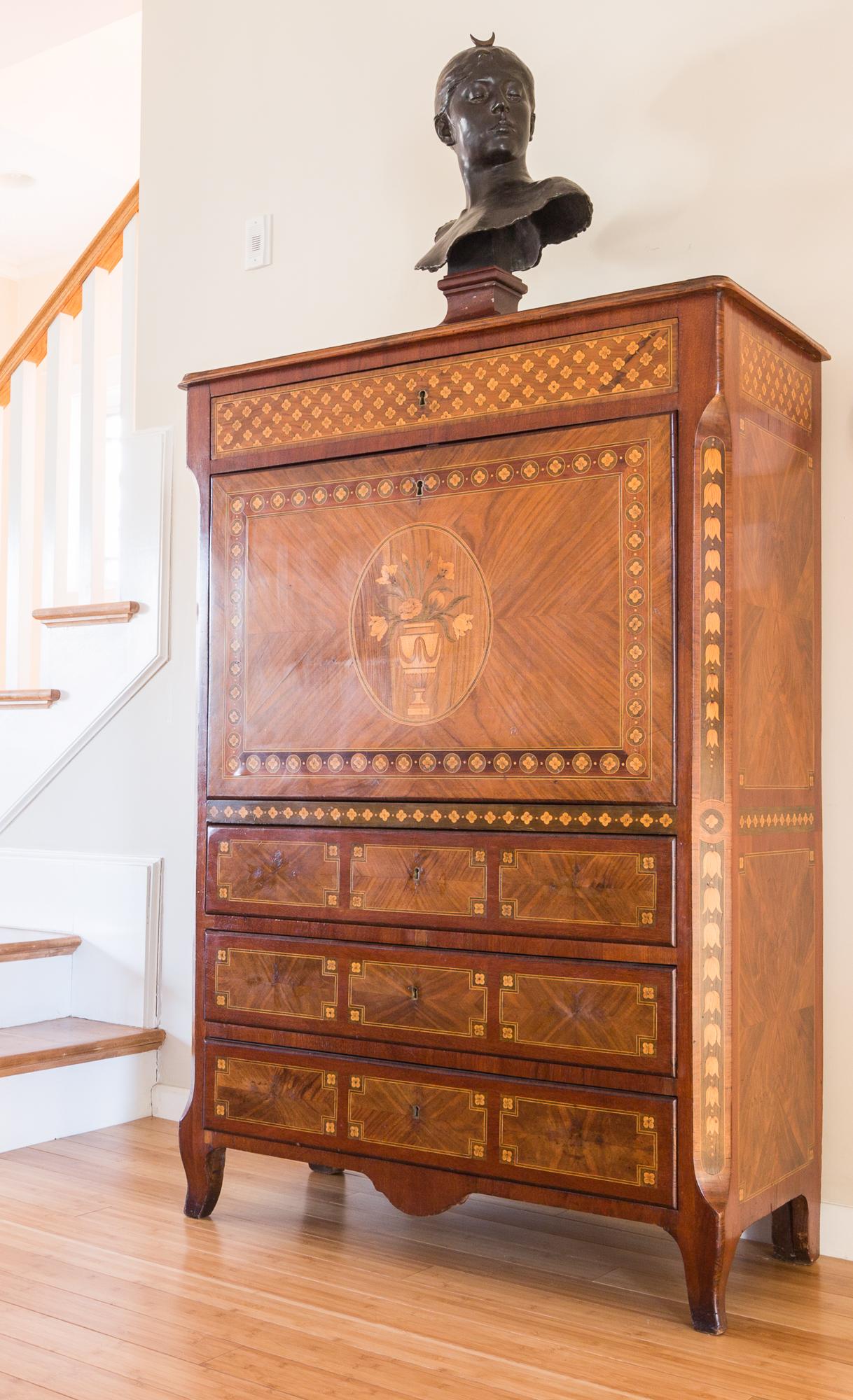 19th C. Drop Front Desk, Secretary Abattant, with Multiple Wood Marquetry Inlay For Sale 1