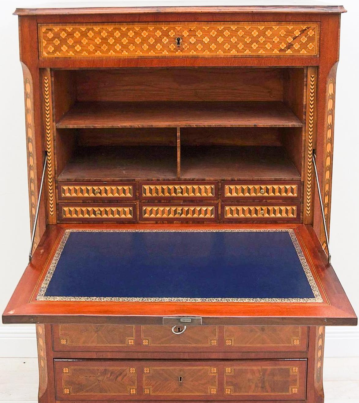 Louis XVI 19th C. Drop Front Desk, Secretary Abattant, with Multiple Wood Marquetry Inlay For Sale
