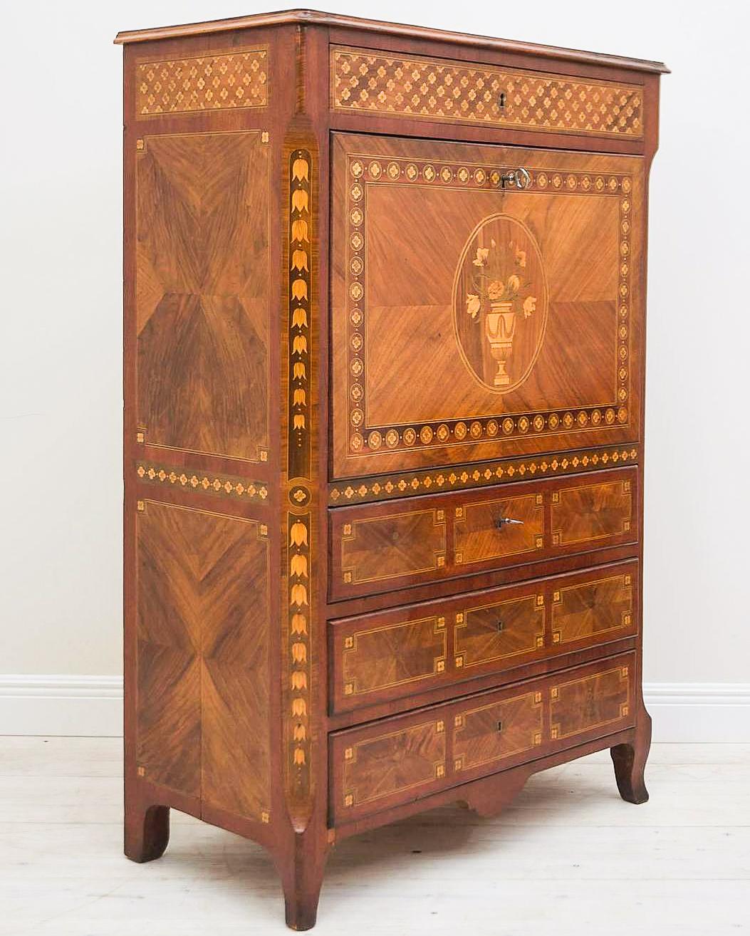 Spanish 19th C. Drop Front Desk, Secretary Abattant, with Multiple Wood Marquetry Inlay For Sale
