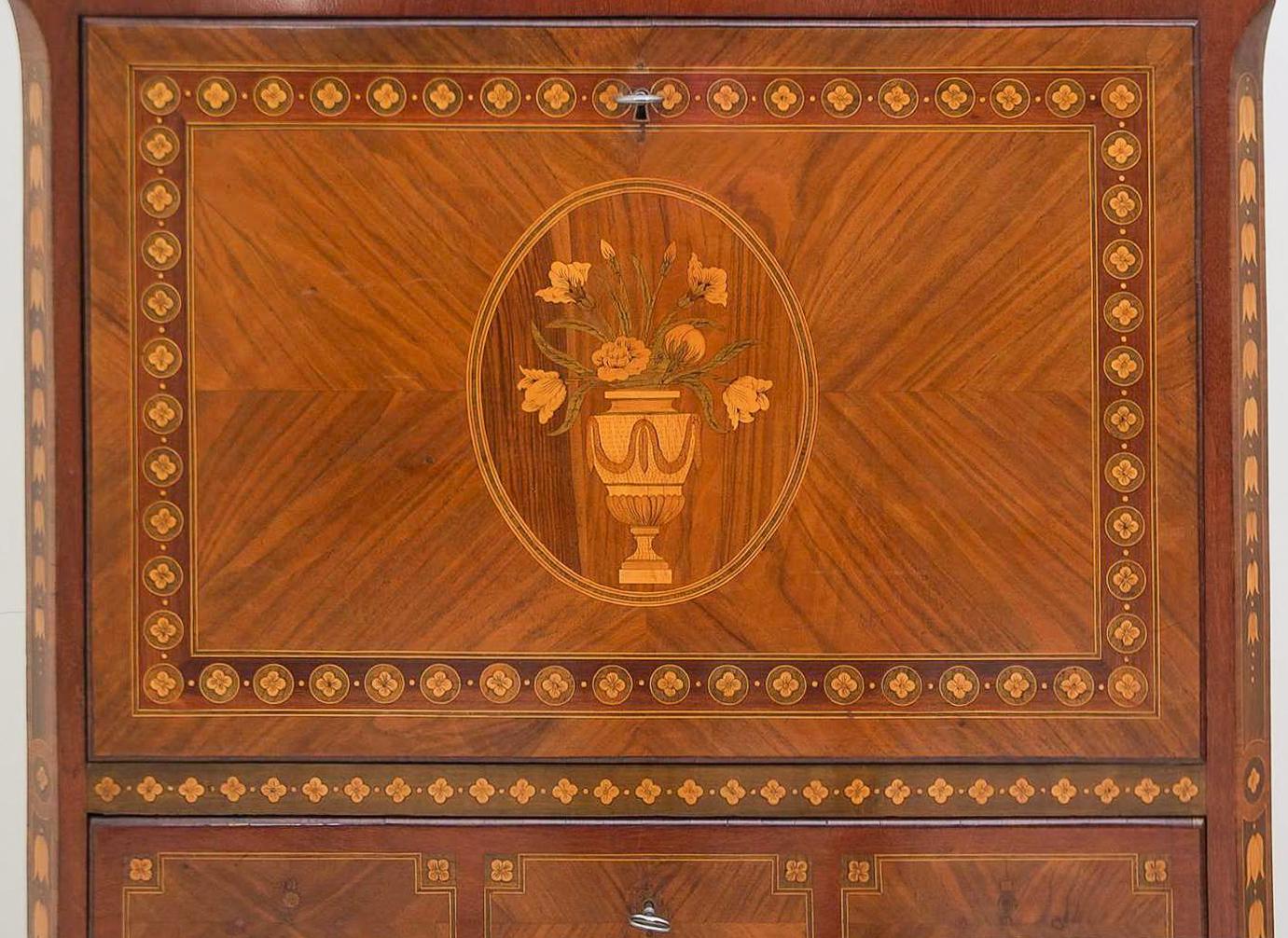 Veneer 19th C. Drop Front Desk, Secretary Abattant, with Multiple Wood Marquetry Inlay For Sale