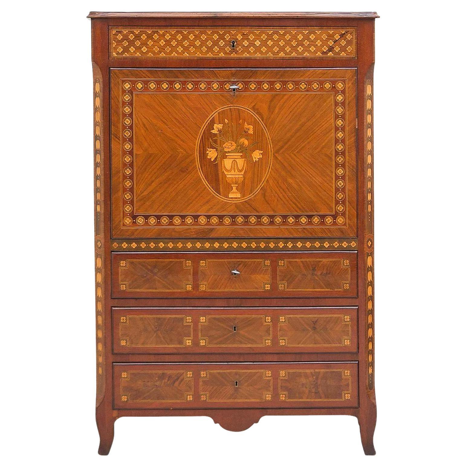 19th C. Drop Front Desk, Secretary Abattant, with Multiple Wood Marquetry Inlay