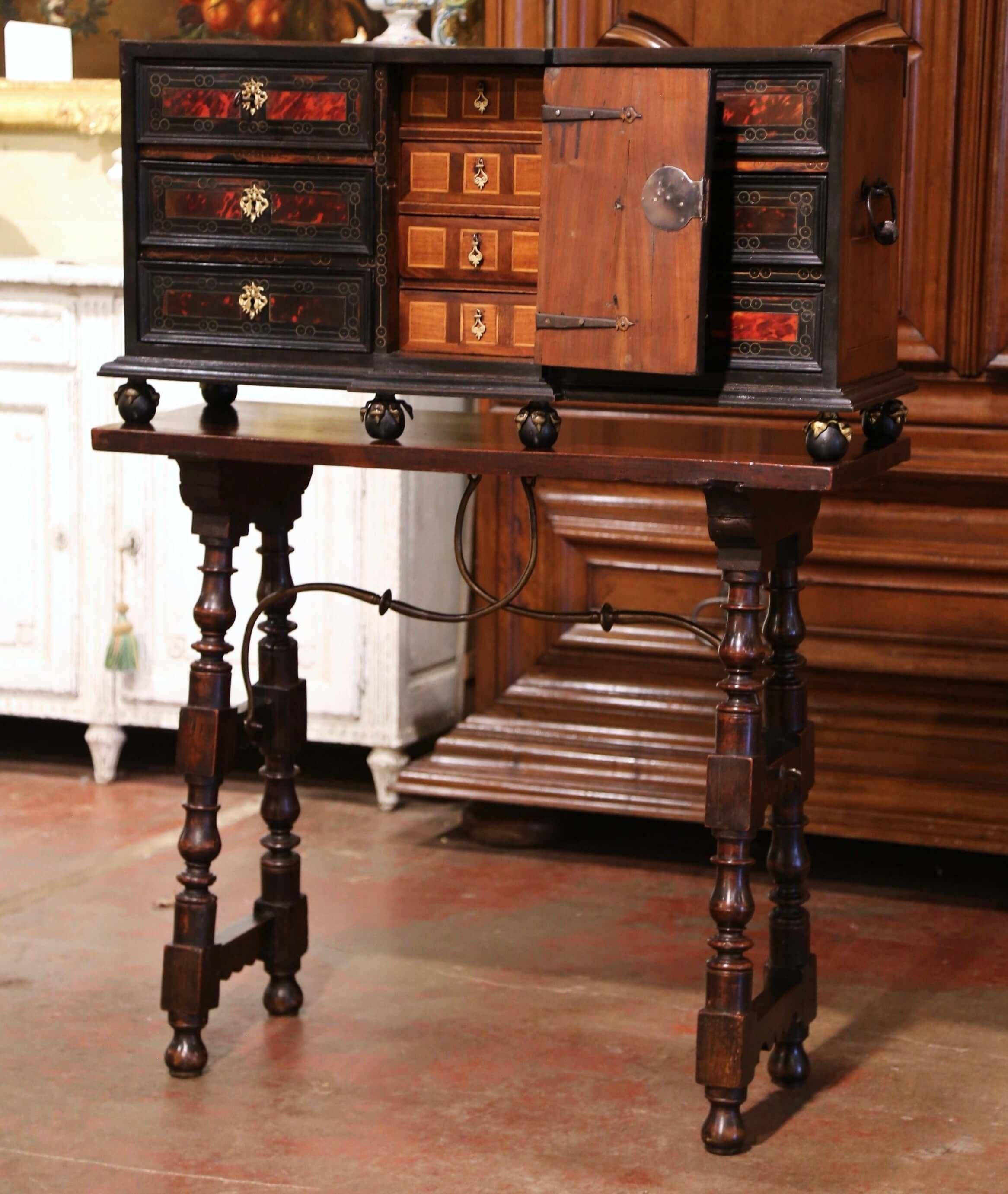 Early 19th Century Spanish Carved Walnut Bargueno Cabinet on Table Base In Excellent Condition For Sale In Dallas, TX