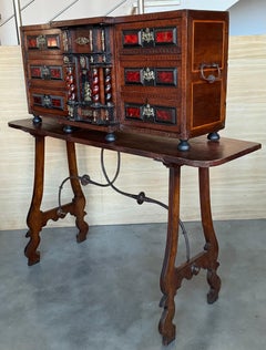 Early 19th Century Spanish Walnut Bargueño Cabinet on Stand with Iron Stretcher