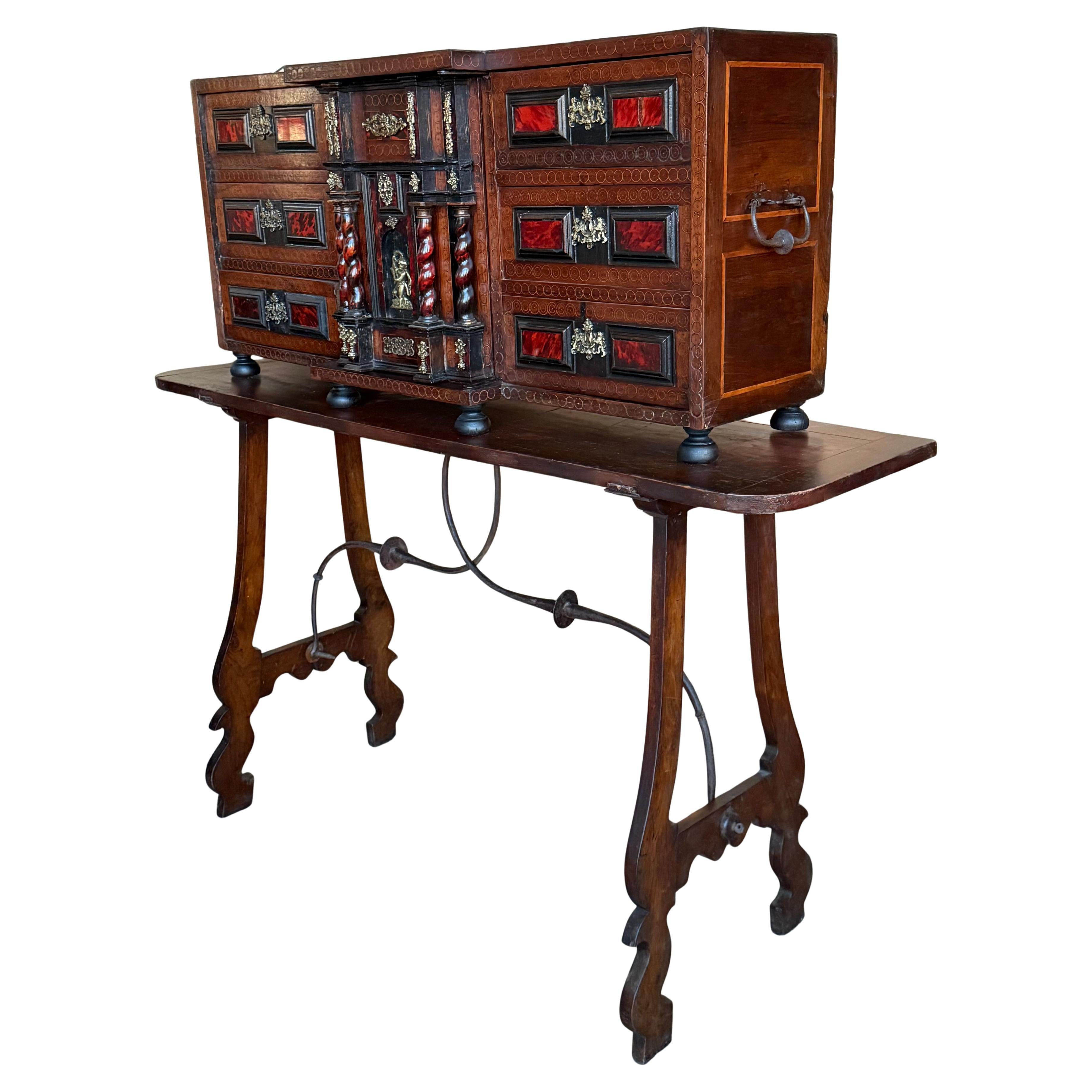 Early 19th Century Spanish Walnut Bargueño Cabinet on Stand with Iron Stretcher For Sale