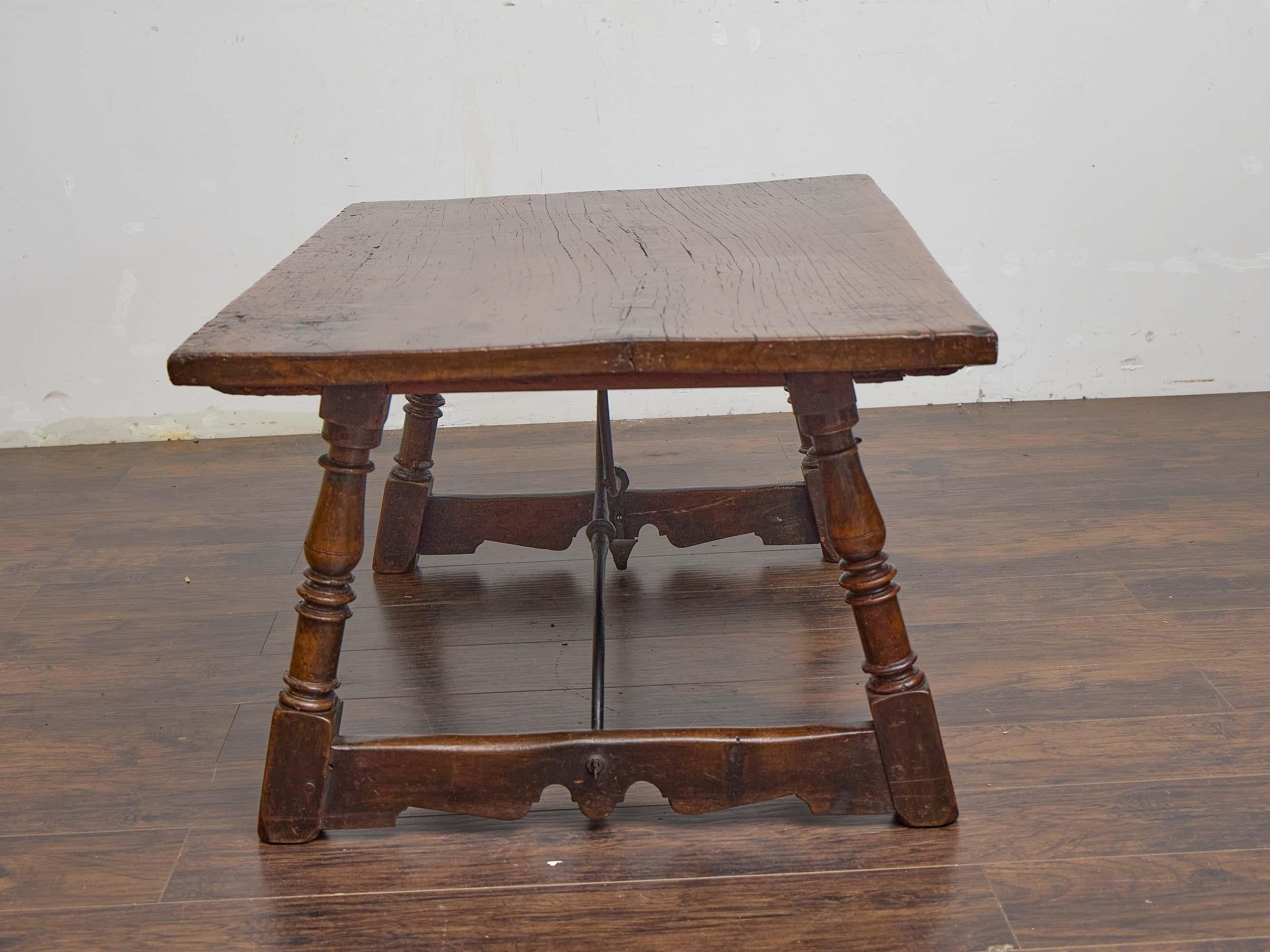 Baroque Early 19th Century Spanish Walnut Coffee Table with Forged Iron Stretcher For Sale
