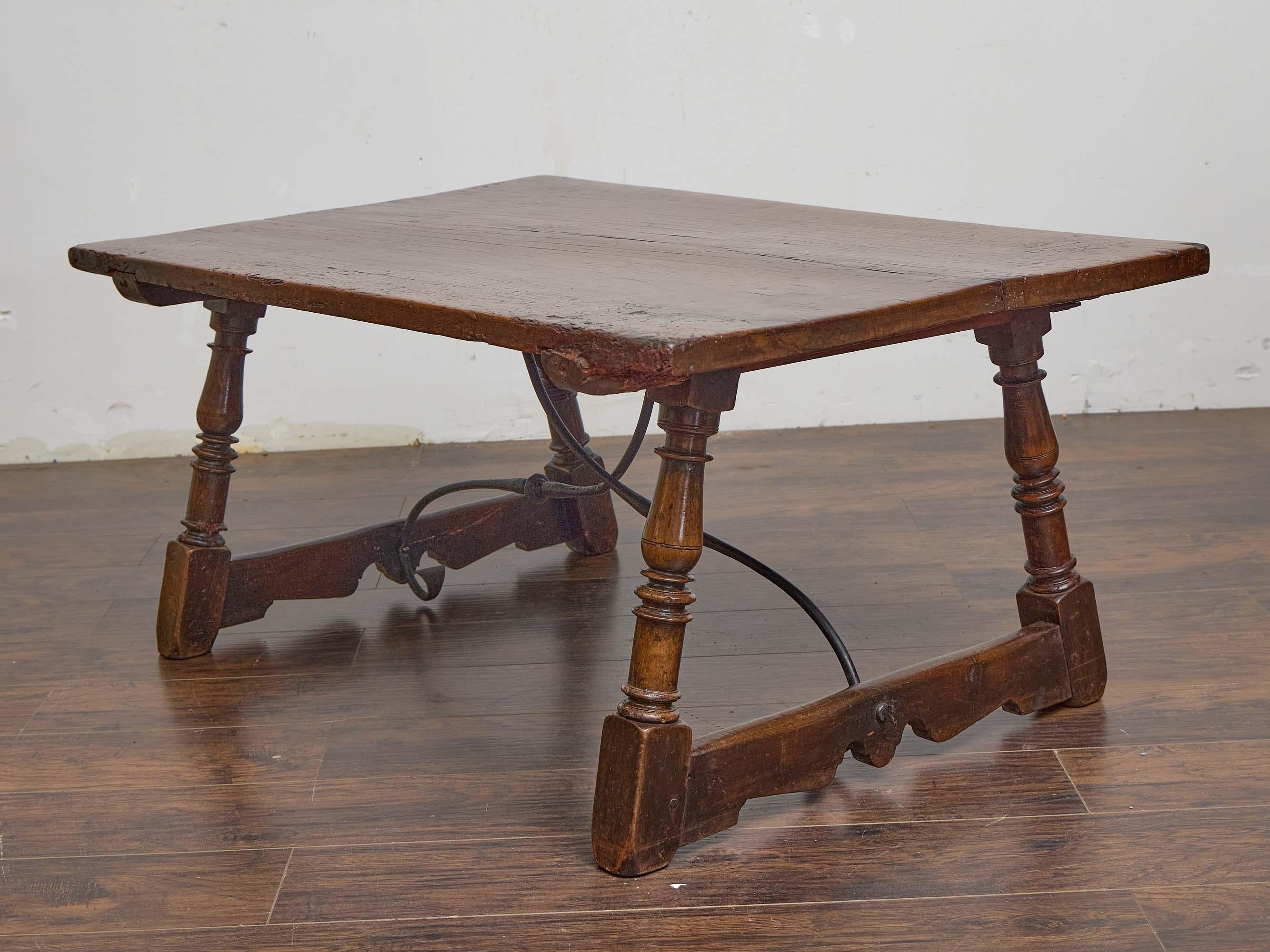 Early 19th Century Spanish Walnut Coffee Table with Forged Iron Stretcher In Good Condition For Sale In Atlanta, GA