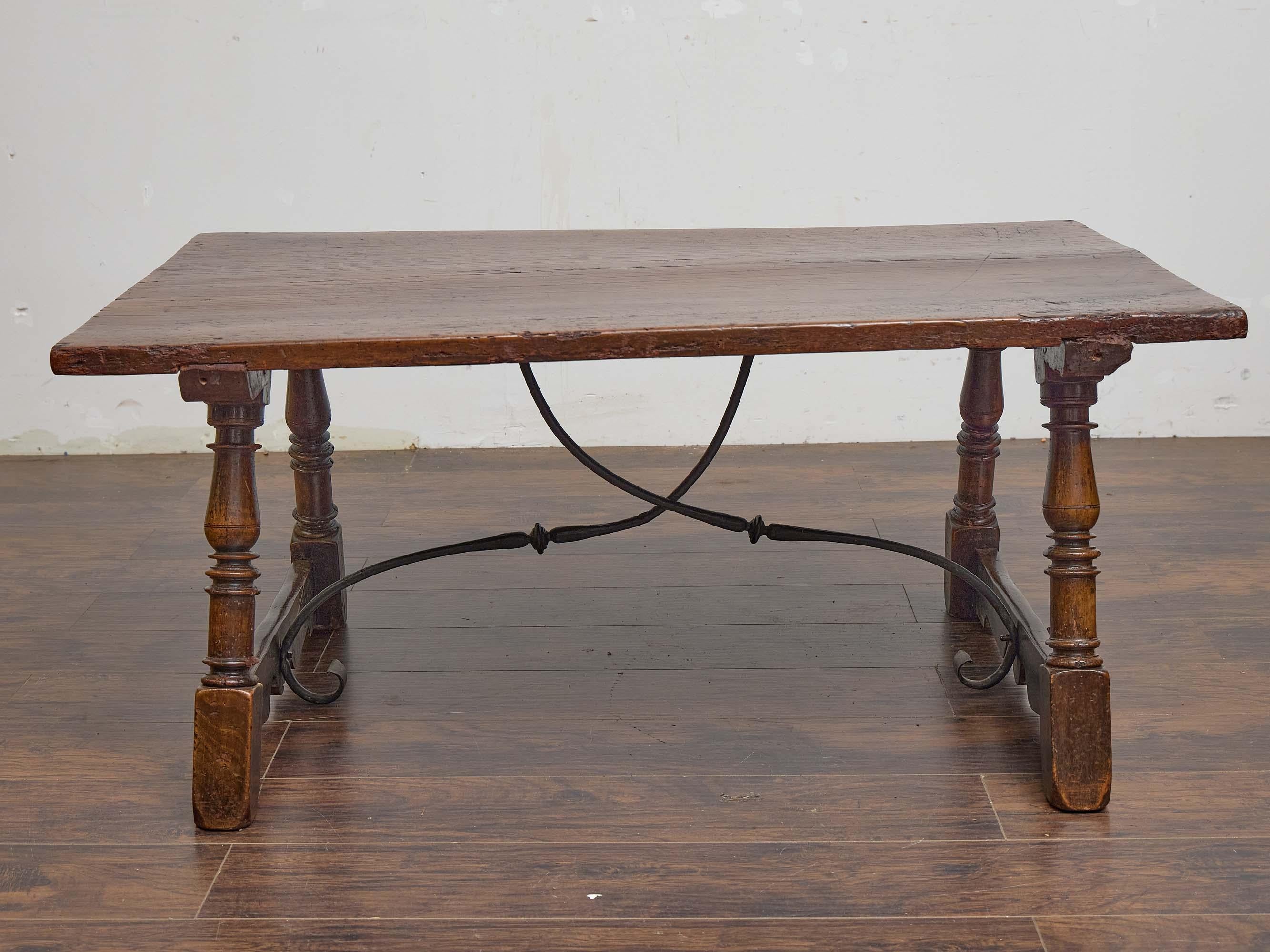 Early 19th Century Spanish Walnut Coffee Table with Forged Iron Stretcher For Sale 1