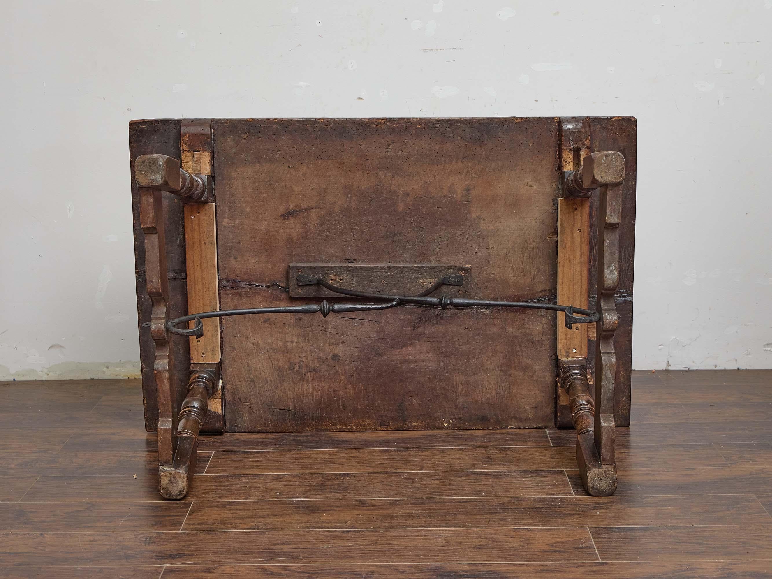 Early 19th Century Spanish Walnut Coffee Table with Forged Iron Stretcher For Sale 2