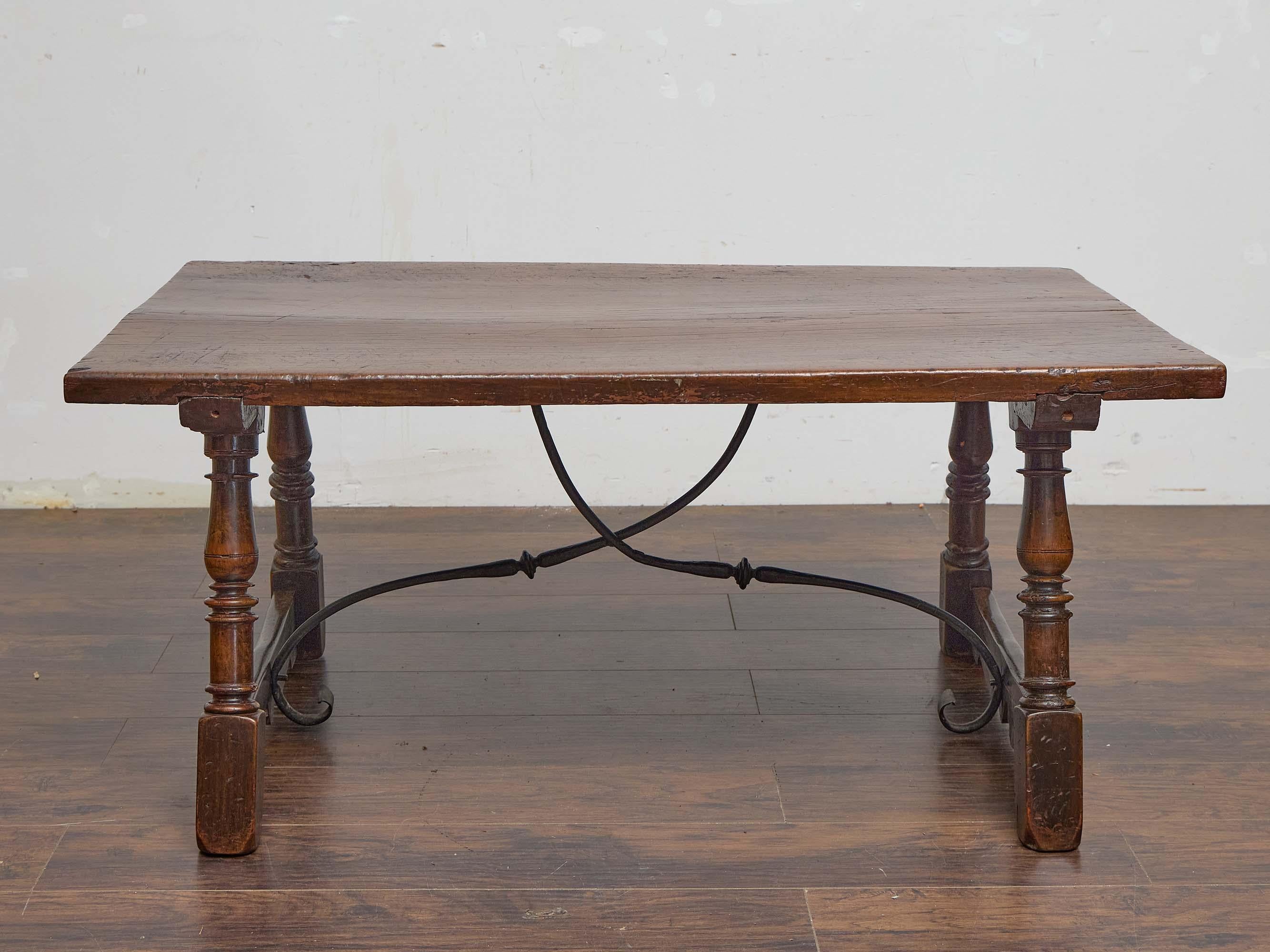 Early 19th Century Spanish Walnut Coffee Table with Forged Iron Stretcher For Sale 5