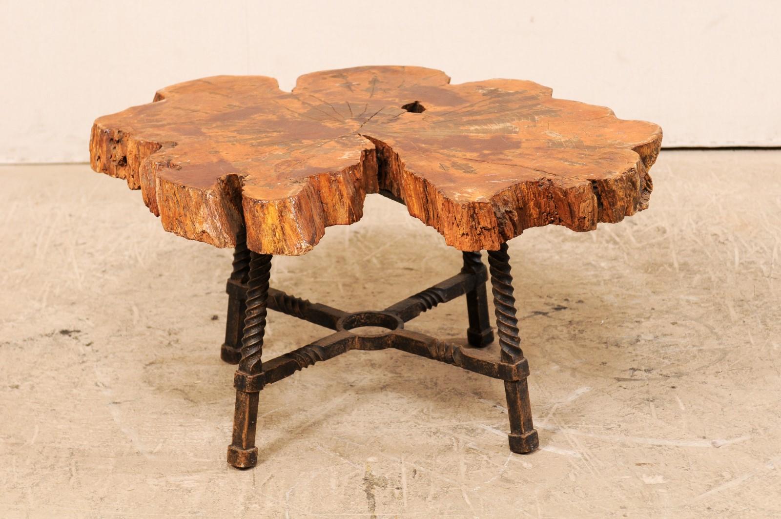 Early 19th Century Spanish Wood Slab Coffee Table with Hand Forged Iron Base 6