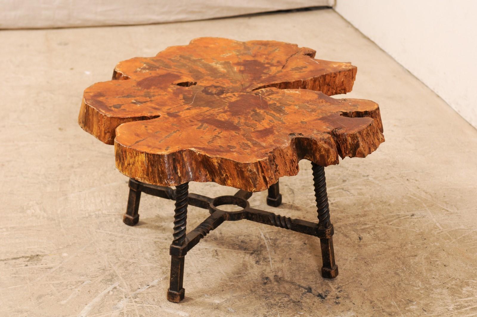 Rustic Early 19th Century Spanish Wood Slab Coffee Table with Hand Forged Iron Base