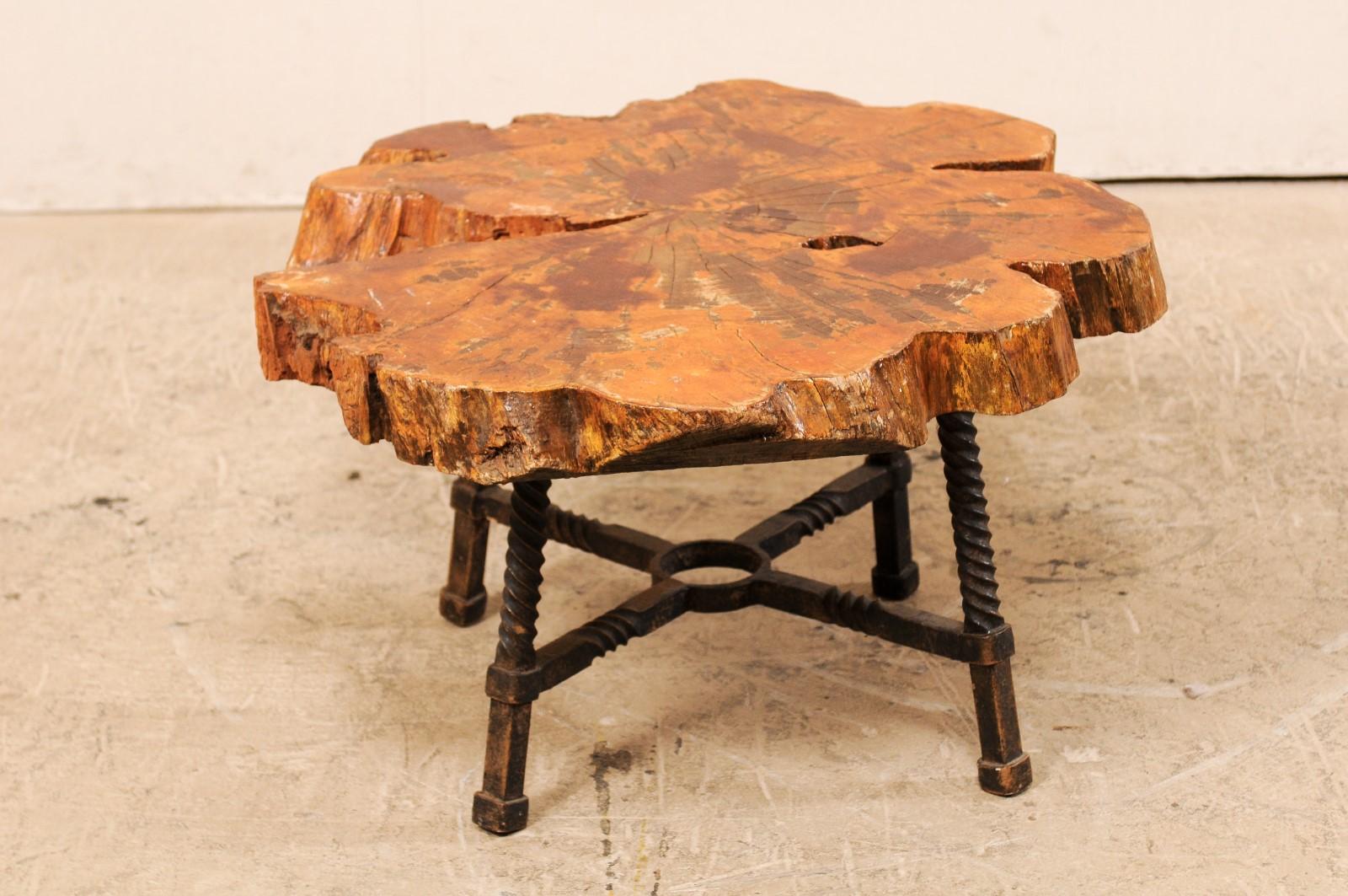 Early 19th Century Spanish Wood Slab Coffee Table with Hand Forged Iron Base 3