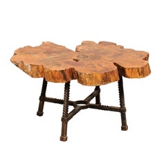 Early 19th Century Spanish Wood Slab Coffee Table with Hand Forged Iron Base