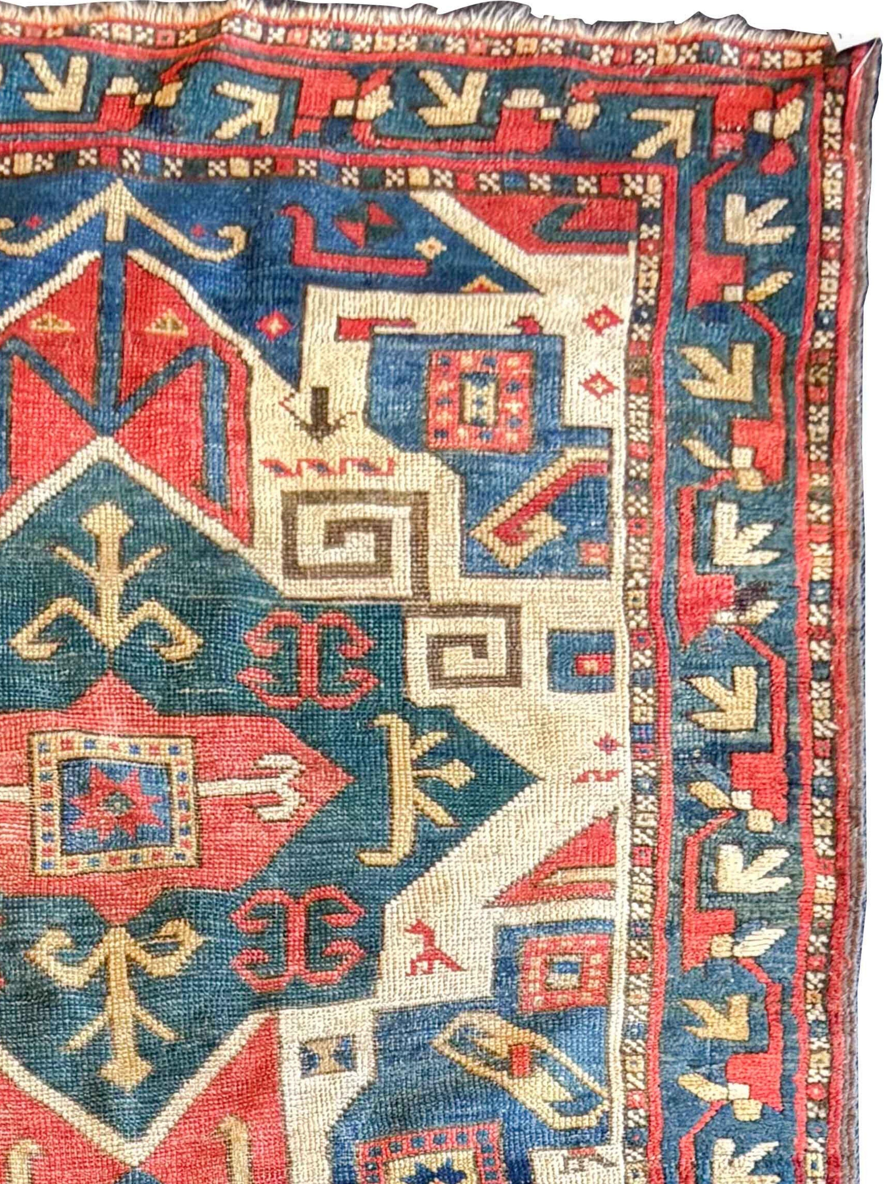 Hand-Knotted Early 19th Century Star Kazak Rug, Caucasus, 3′2″ × 6′9″ For Sale