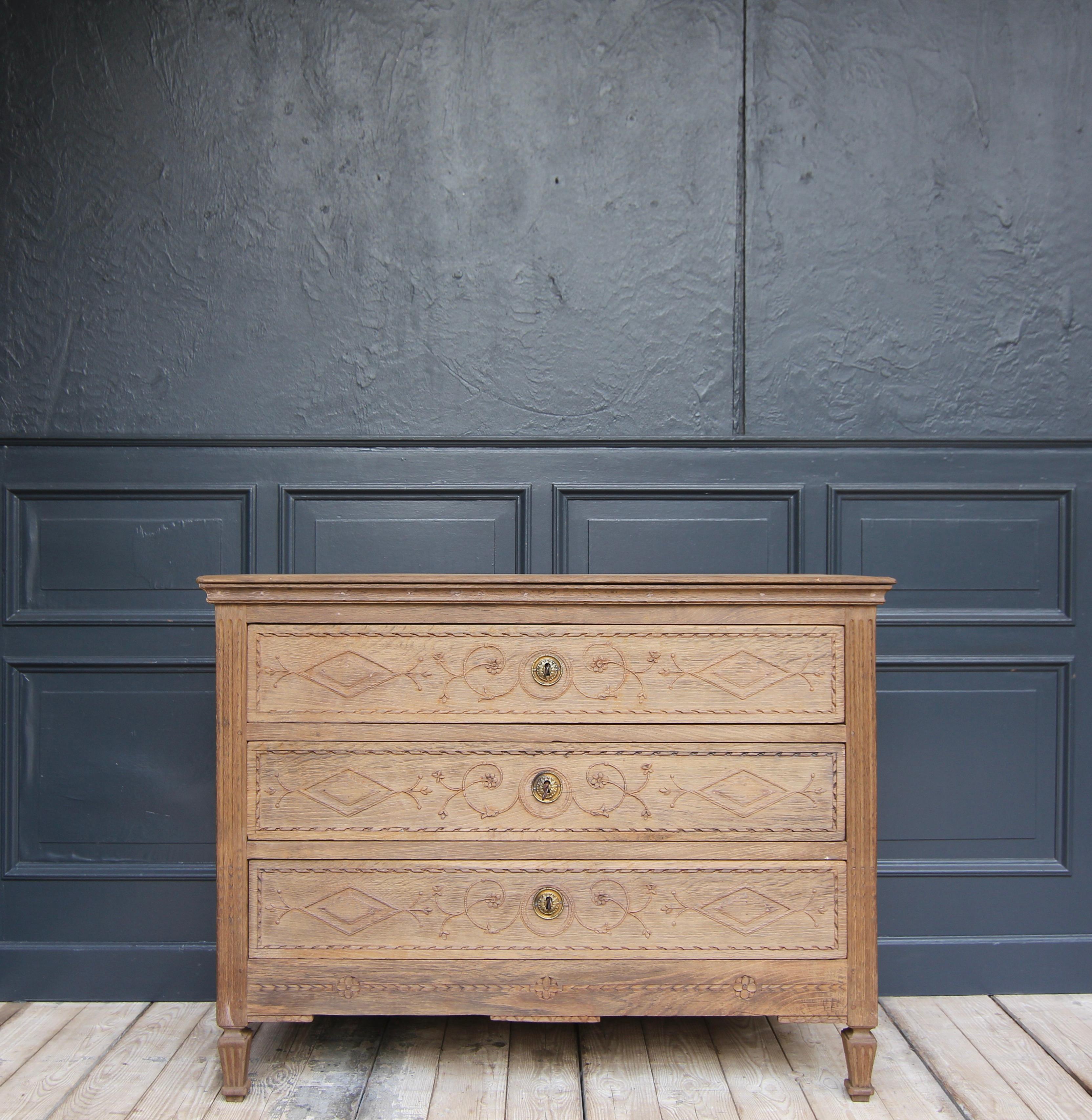 Hand-Carved Early 19th Century Stripped Oak Louis XVI Chest of Drawers