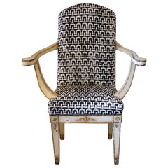 Early 19th Century Sweden Tall Armchair, Lacquered Wood, B/W Woven Fabric